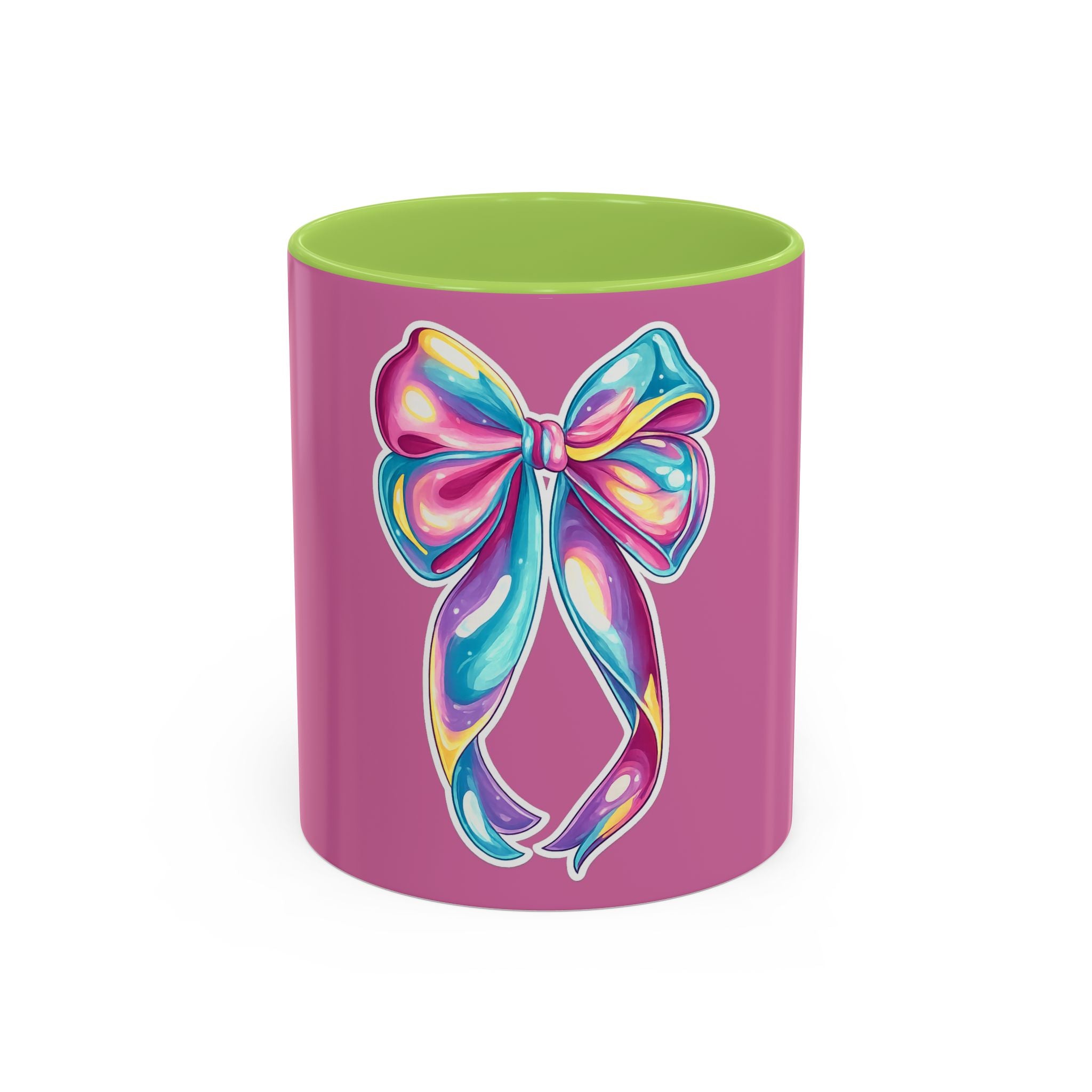 Pink Accent Coffee Mug with Rainbow Bow – Cute Gift Mug for Her
