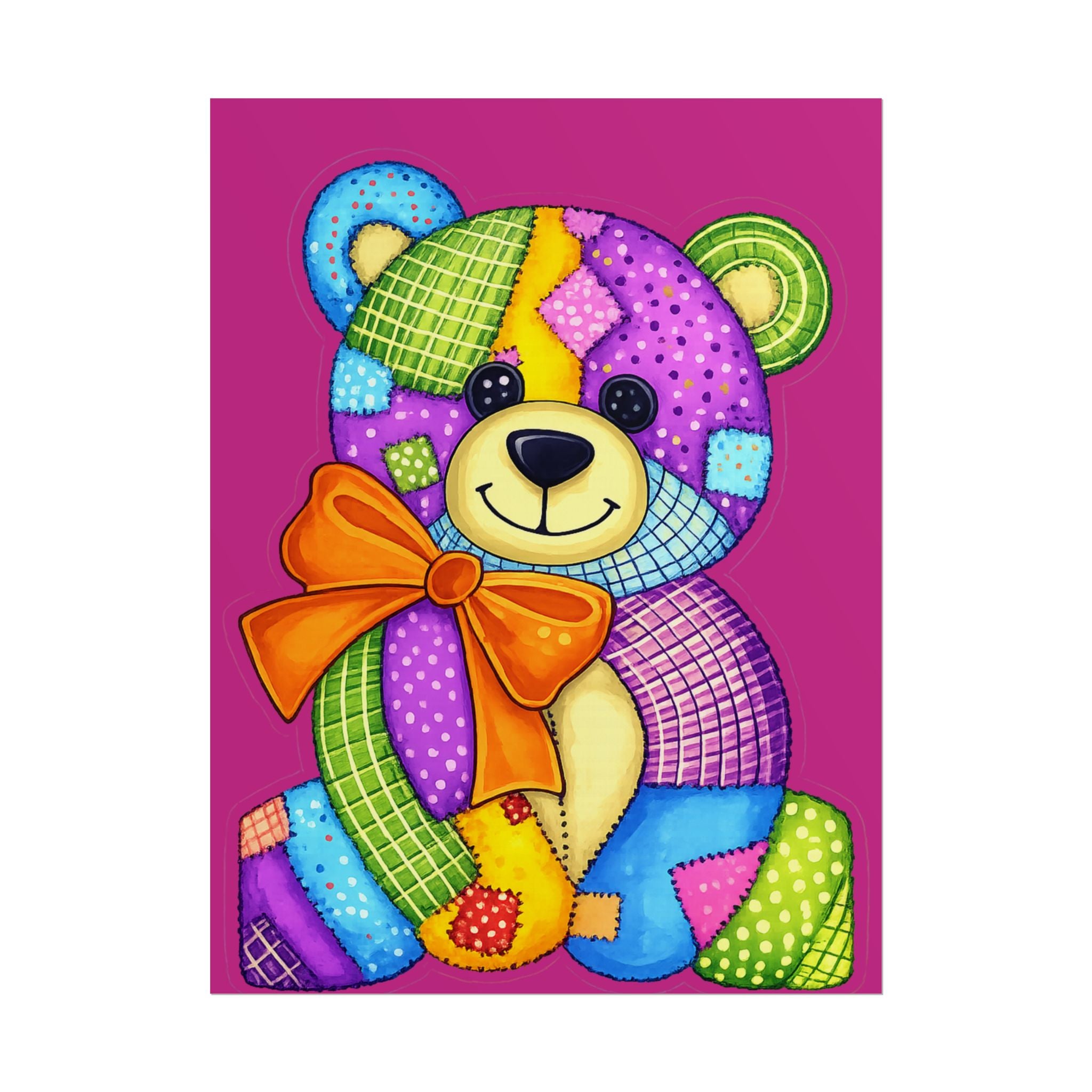 Teddy Bear Patchwork Rolled Poster – Colorful Nursery Wall Art for Kids, Baby Shower Gift