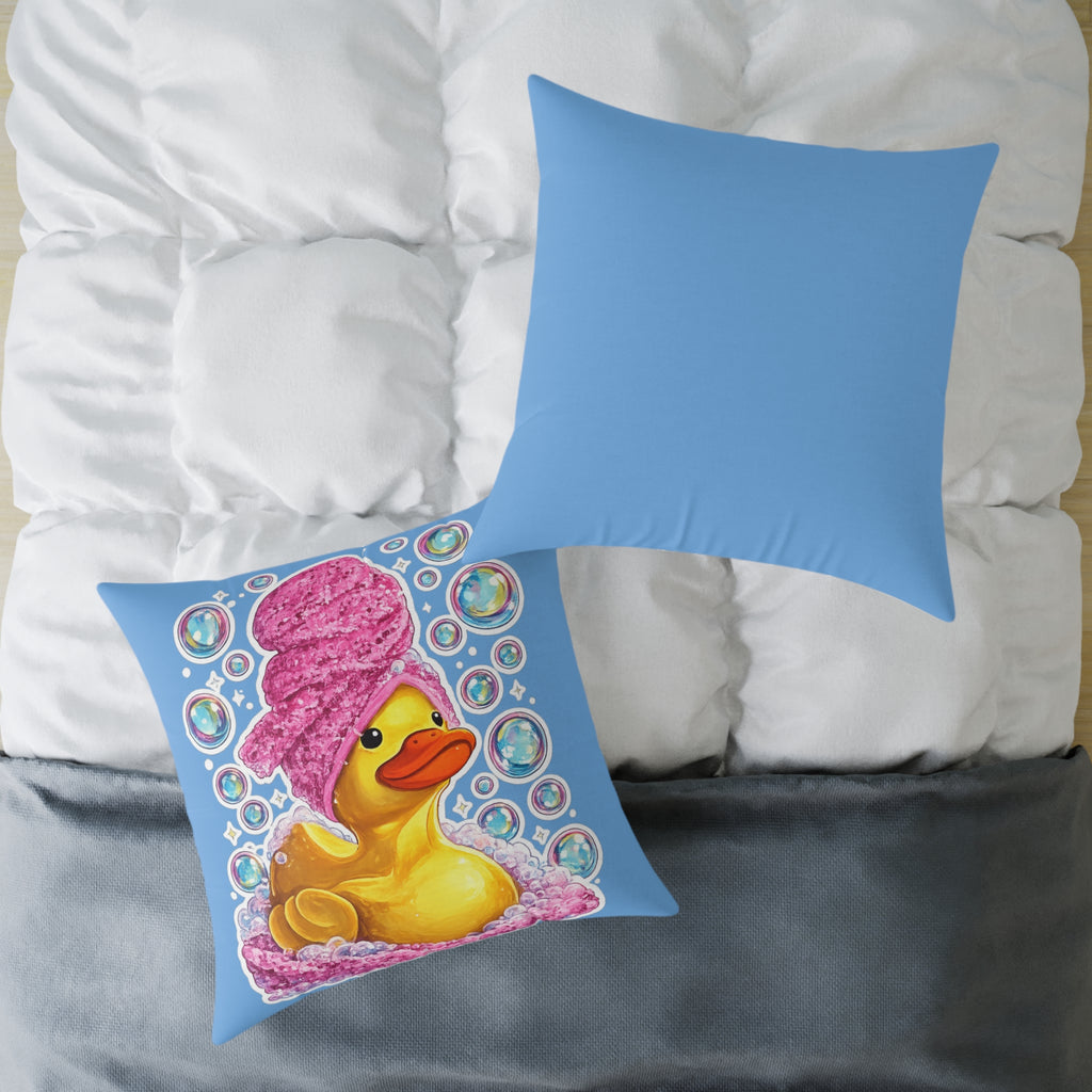 Rubber Duck Spa Pillow — Cute Bath Time Throw Pillow with Pink Towel & Bubbles