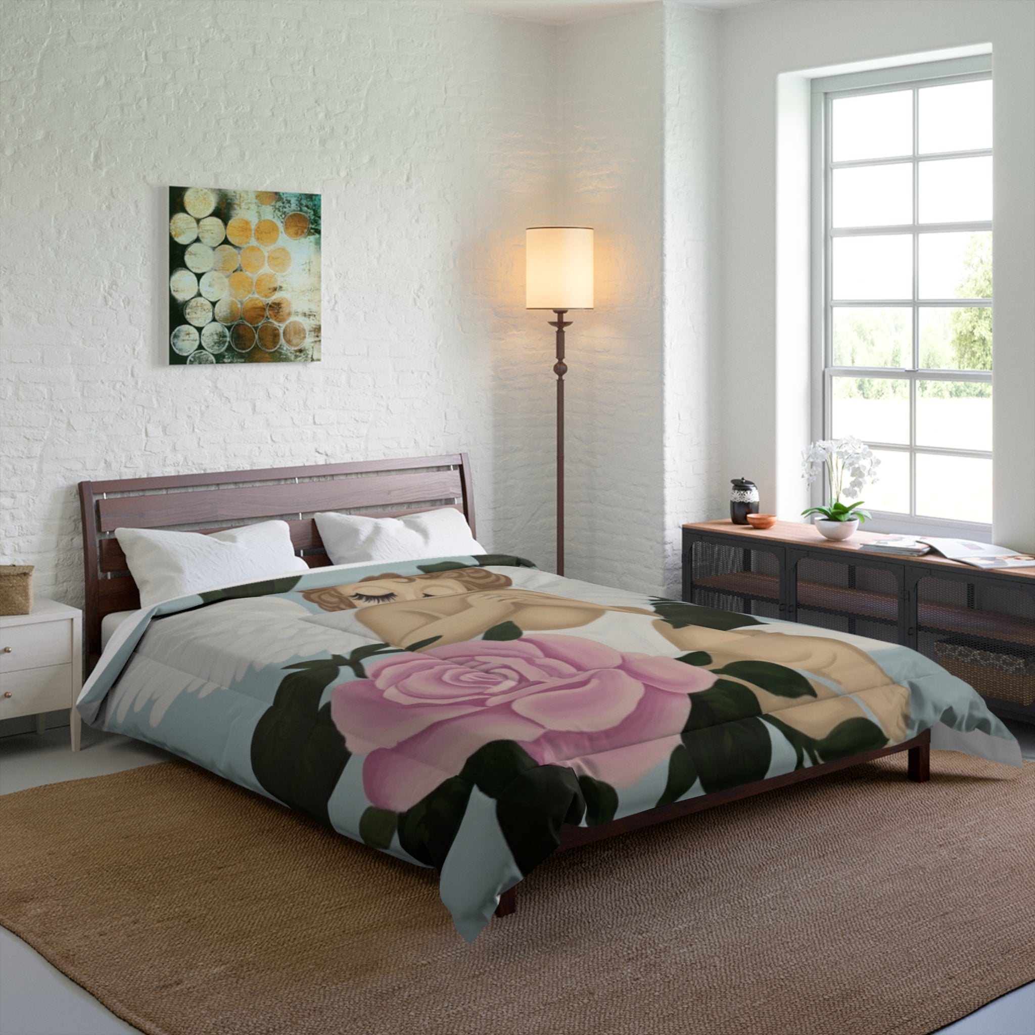 Angel Cherub Comforter with Pink Rose – Vintage Nursery Bedding, Prayerful Cherub Design