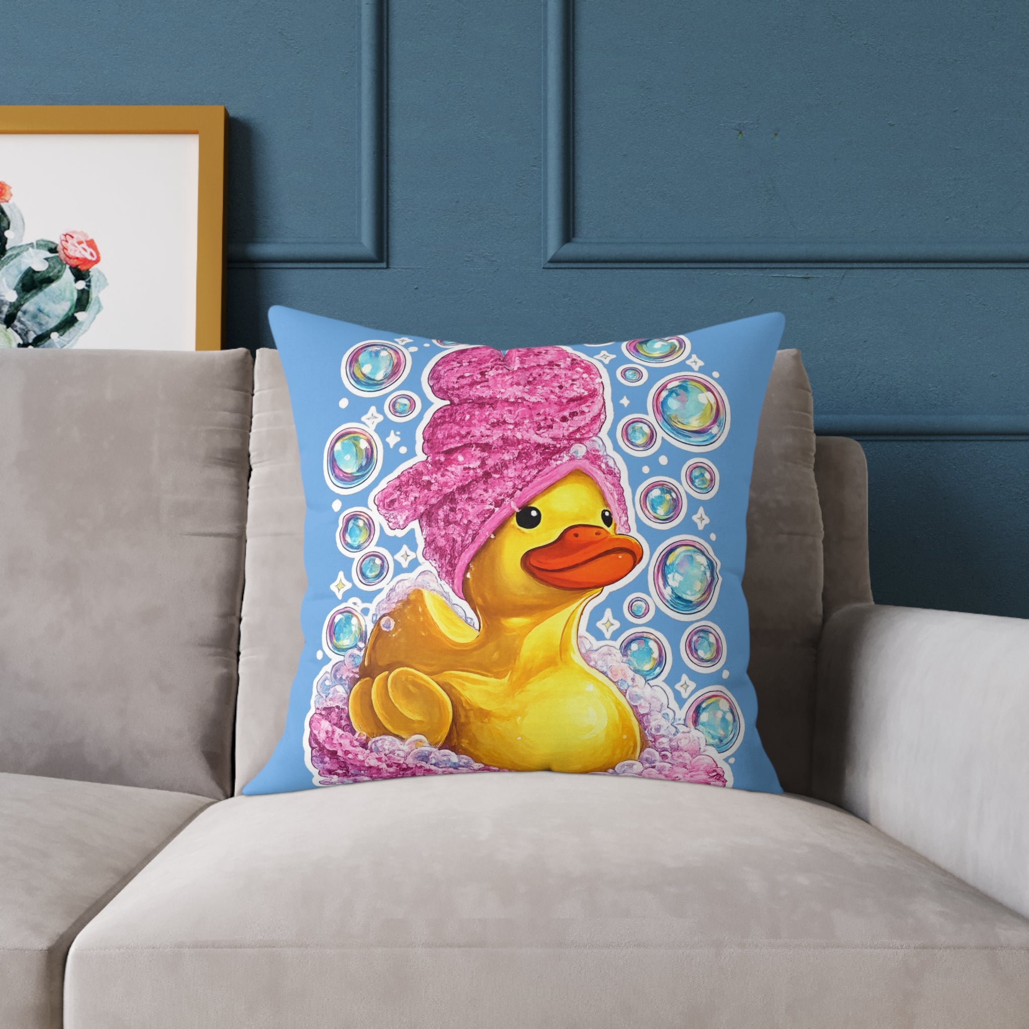 Rubber Duck Spa Pillow — Cute Bath Time Throw Pillow with Pink Towel & Bubbles