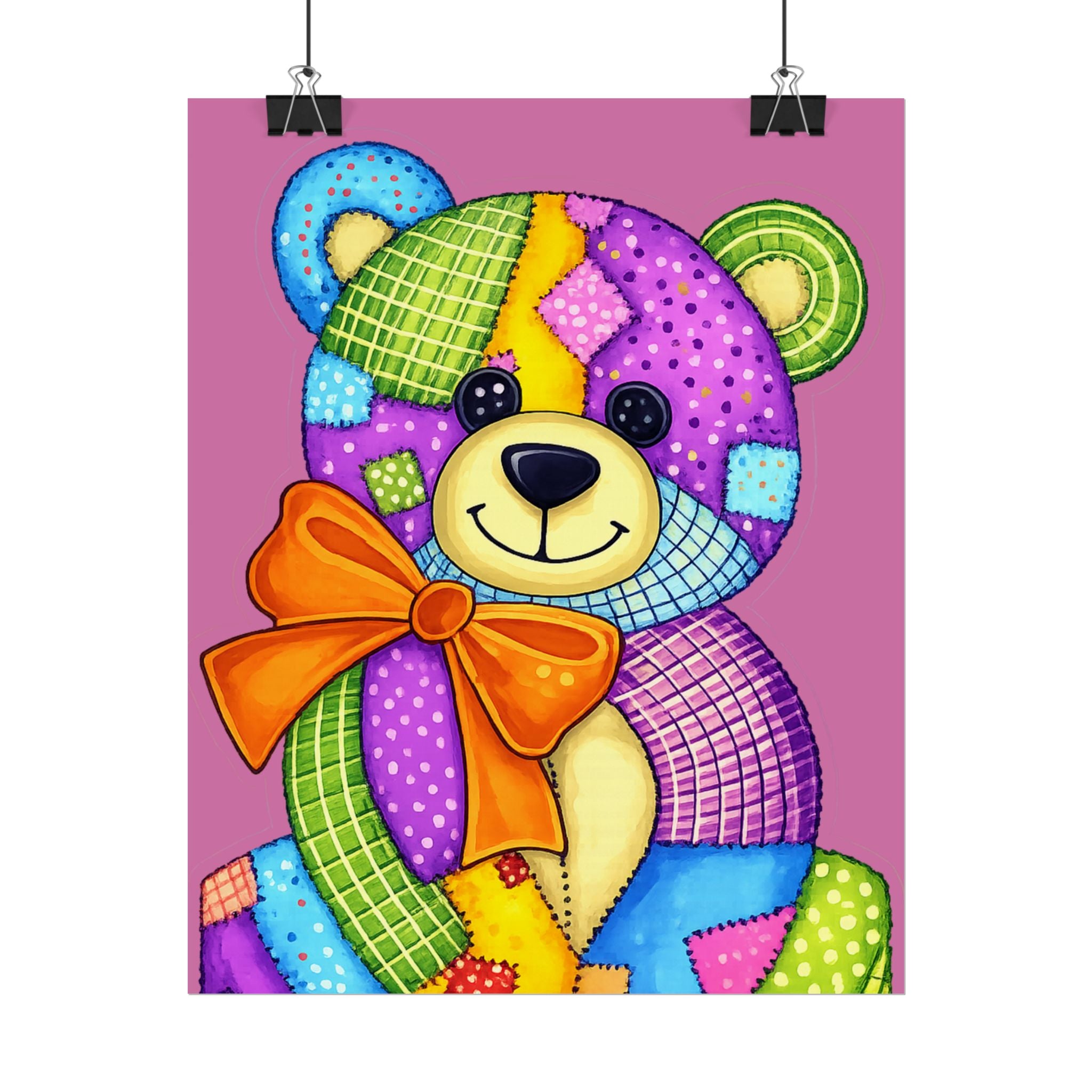Colorful Patchwork Teddy Bear Poster — Cute Nursery Wall Art
