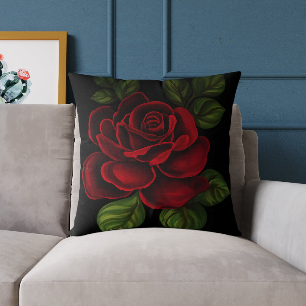 Red Rose Floral Throw Pillow — Square Canvas Decorative Pillow