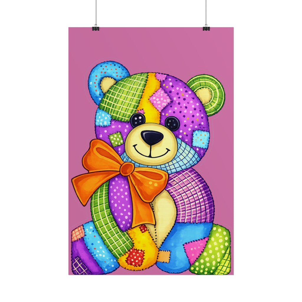 Colorful Patchwork Teddy Bear Poster — Cute Nursery Wall Art
