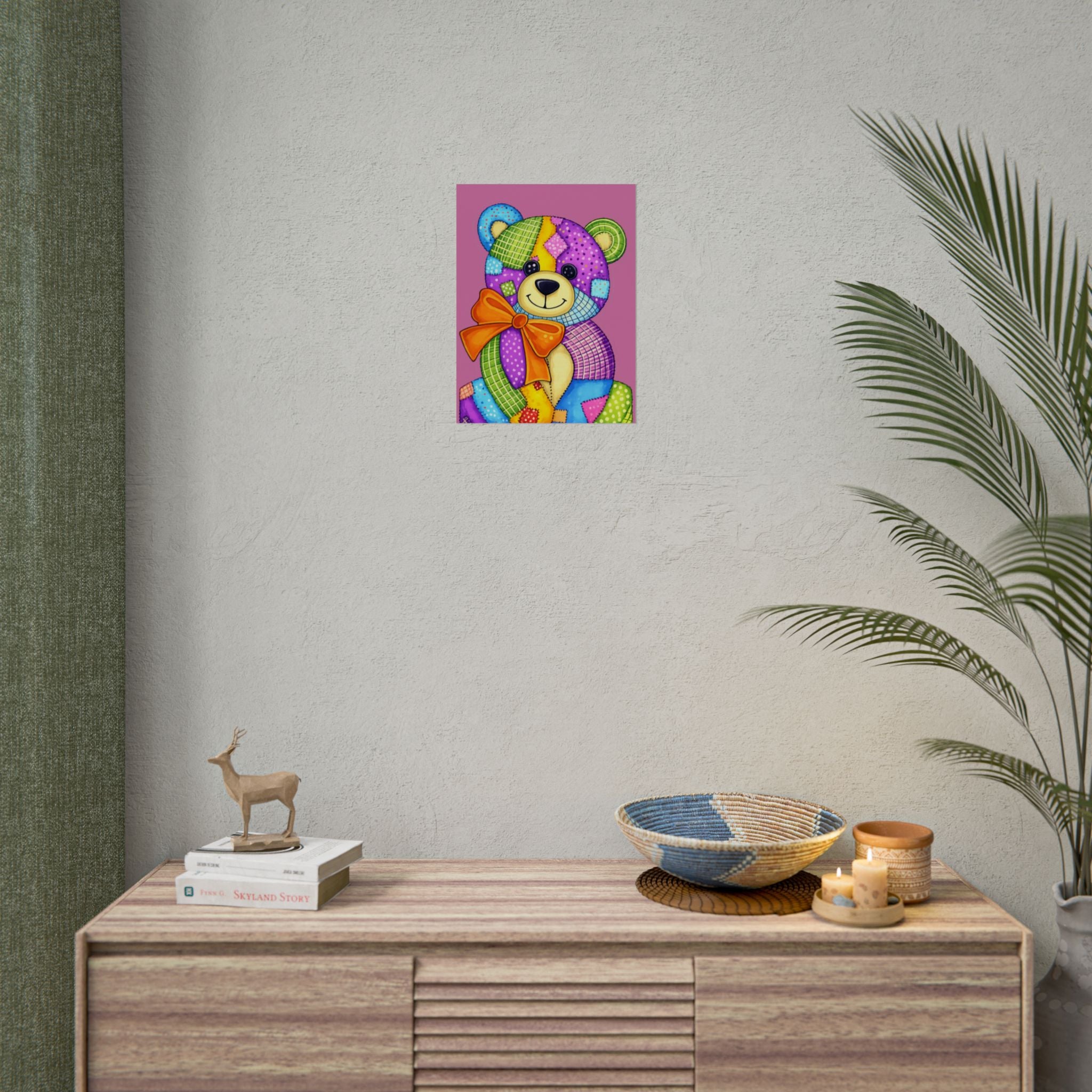 Colorful Patchwork Teddy Bear Poster — Cute Nursery Wall Art