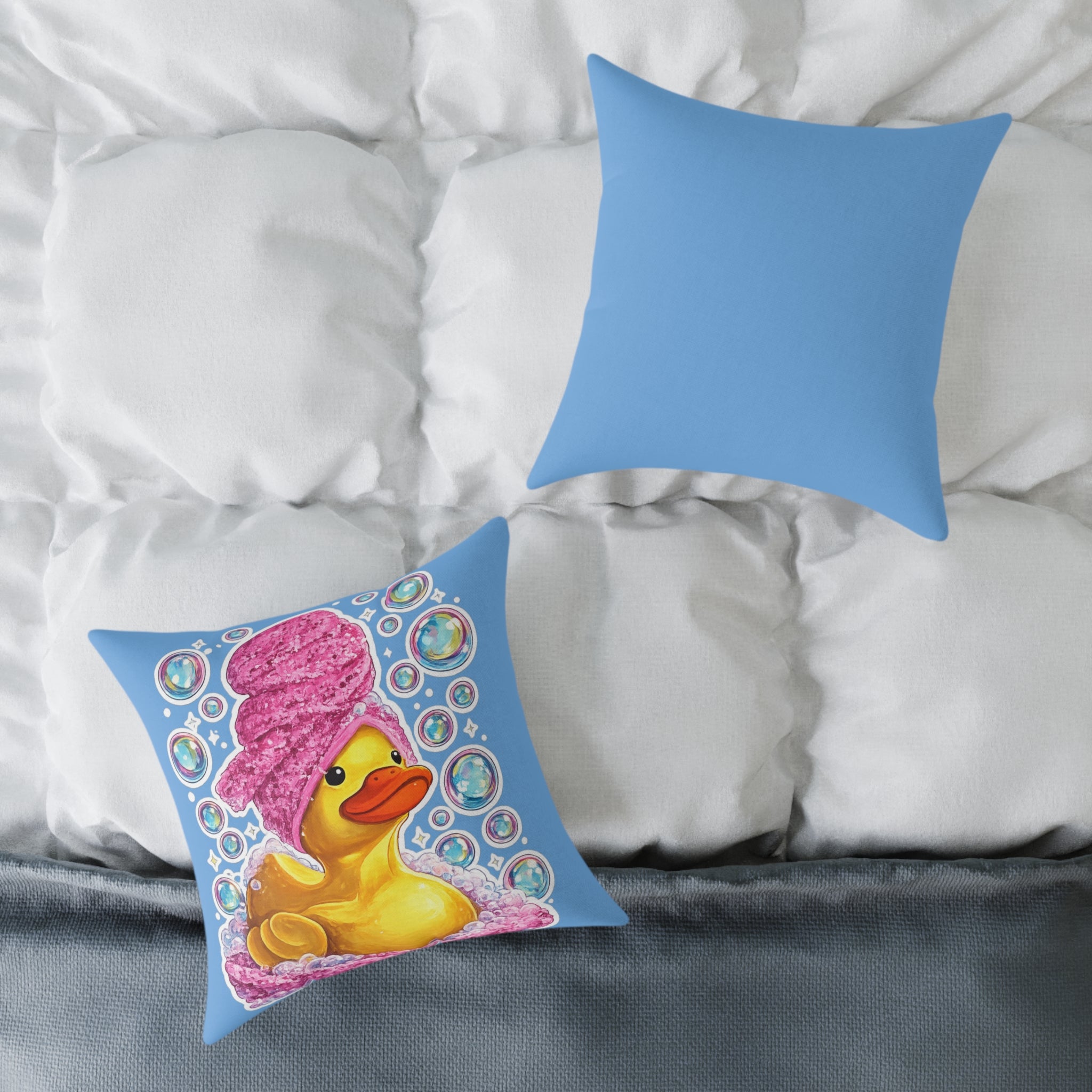 Rubber Duck Spa Pillow — Cute Bath Time Throw Pillow with Pink Towel & Bubbles