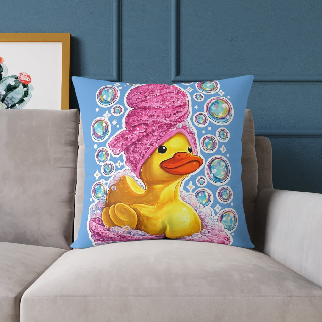 Rubber Duck Spa Pillow — Cute Bath Time Throw Pillow with Pink Towel & Bubbles