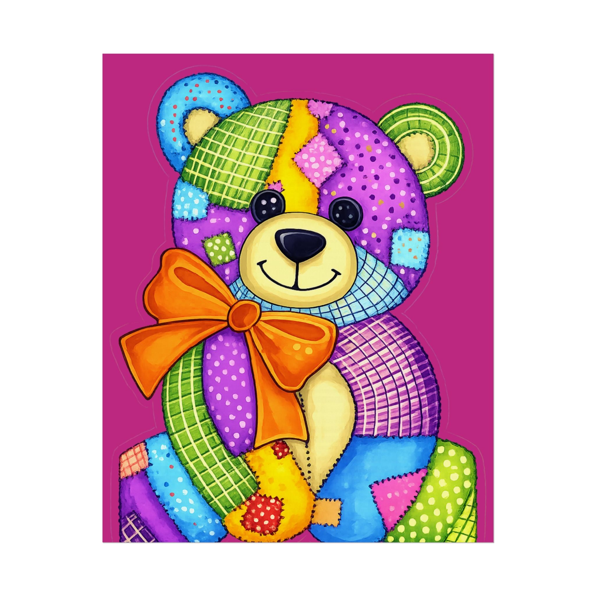 Teddy Bear Patchwork Rolled Poster – Colorful Nursery Wall Art for Kids, Baby Shower Gift