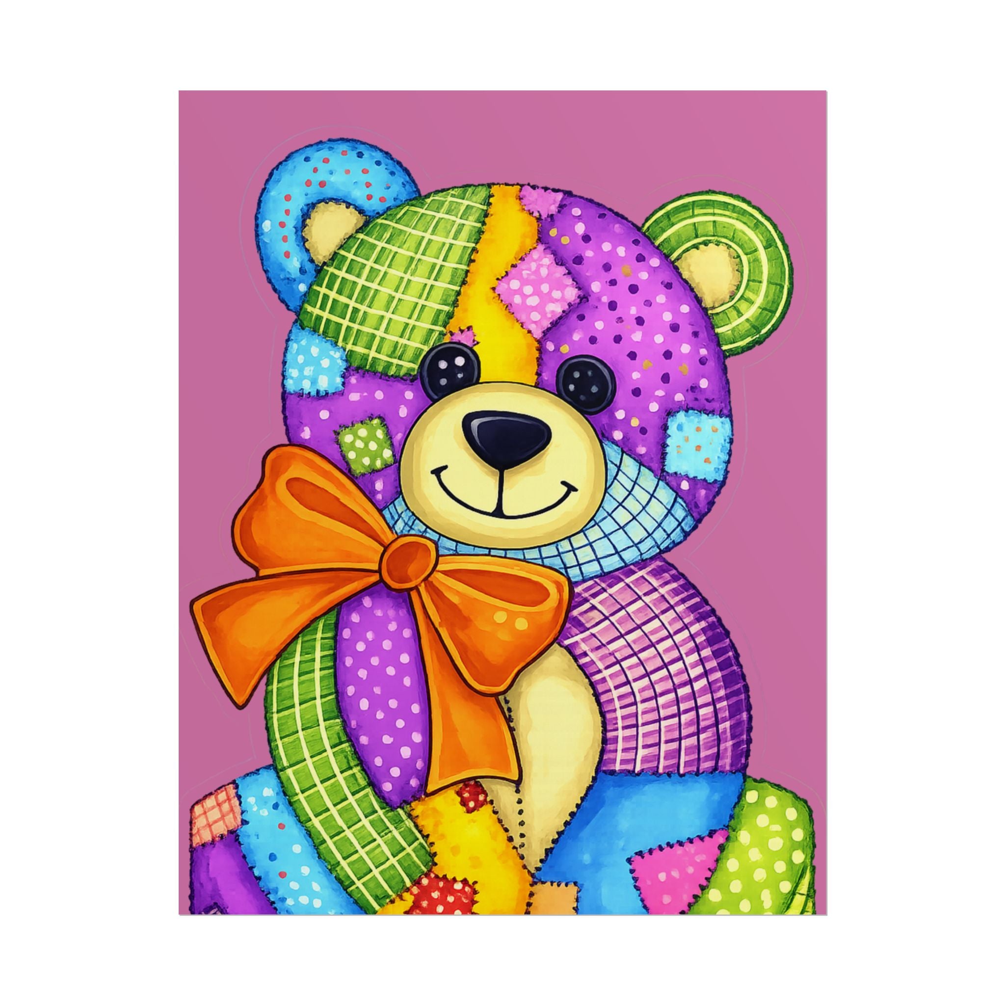Colorful Patchwork Teddy Bear Poster — Cute Nursery Wall Art