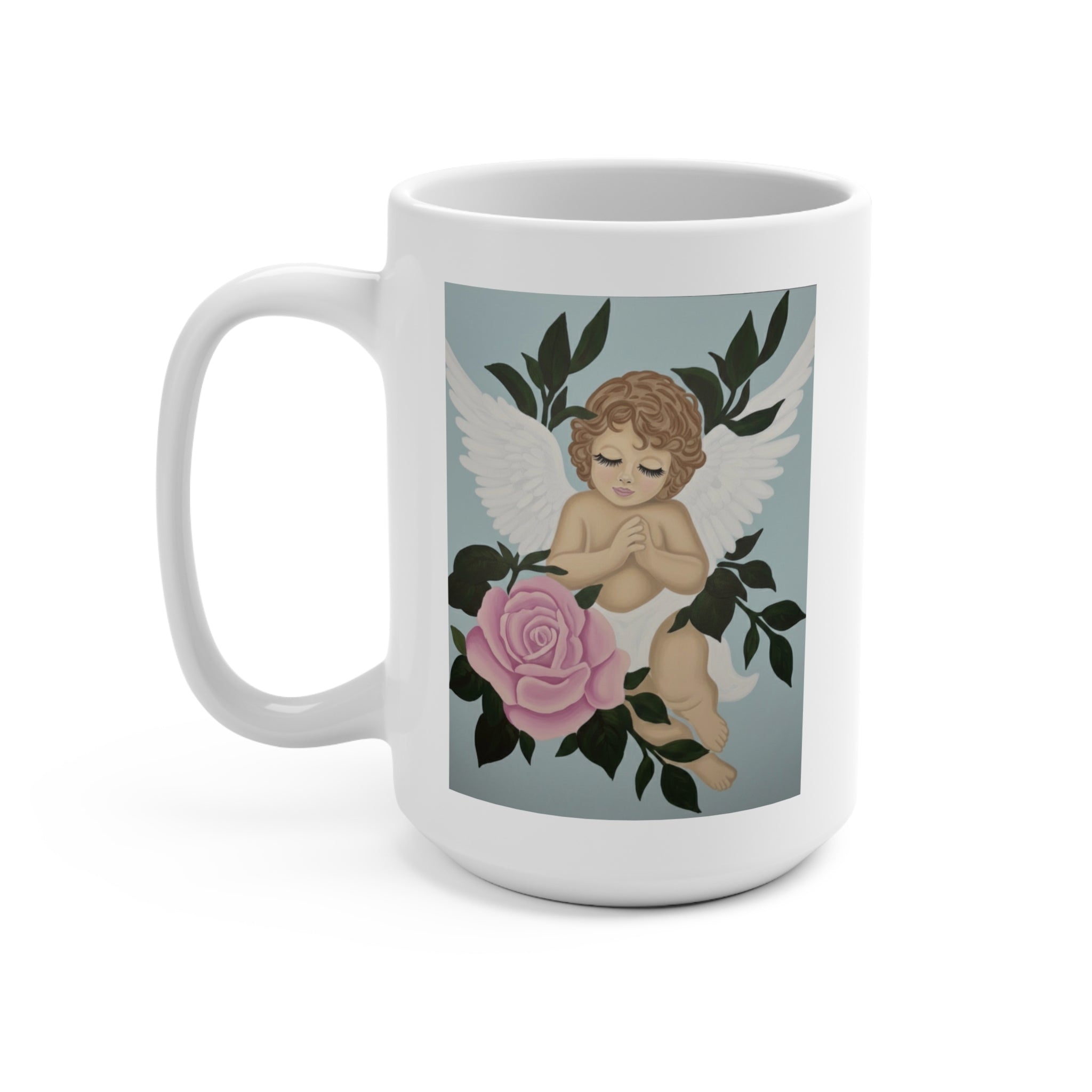 Angel Cherub 15oz Mug — Floral Prayer Ceramic Coffee Cup (Gift for Baptism, Sympathy, Mother's Day)