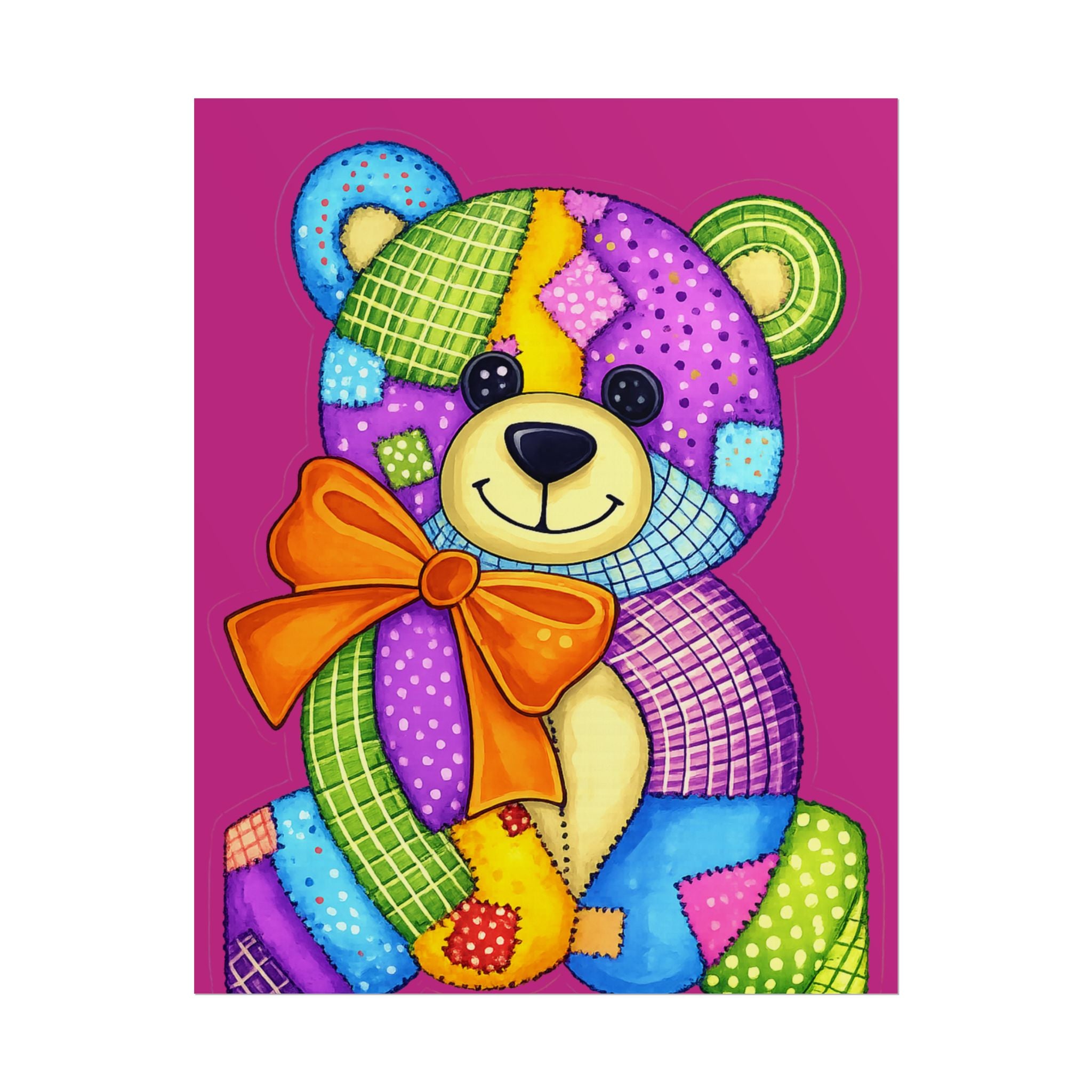 Teddy Bear Patchwork Rolled Poster – Colorful Nursery Wall Art for Kids, Baby Shower Gift