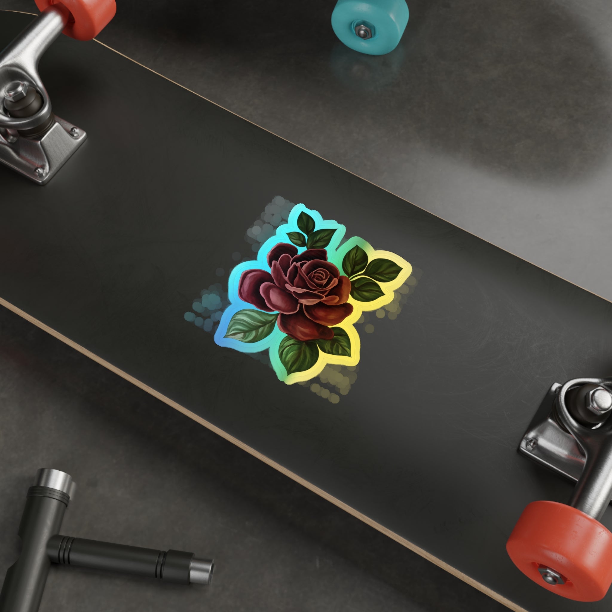 Holographic Rose Die-Cut Sticker — Iridescent Floral Skateboard Decal