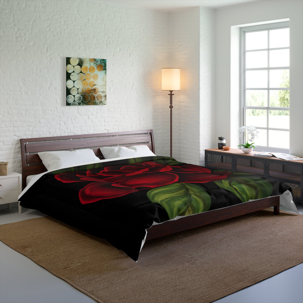 Red Rose Comforter – Bold Floral Bedding, Black & Scarlet Bedroom Decor