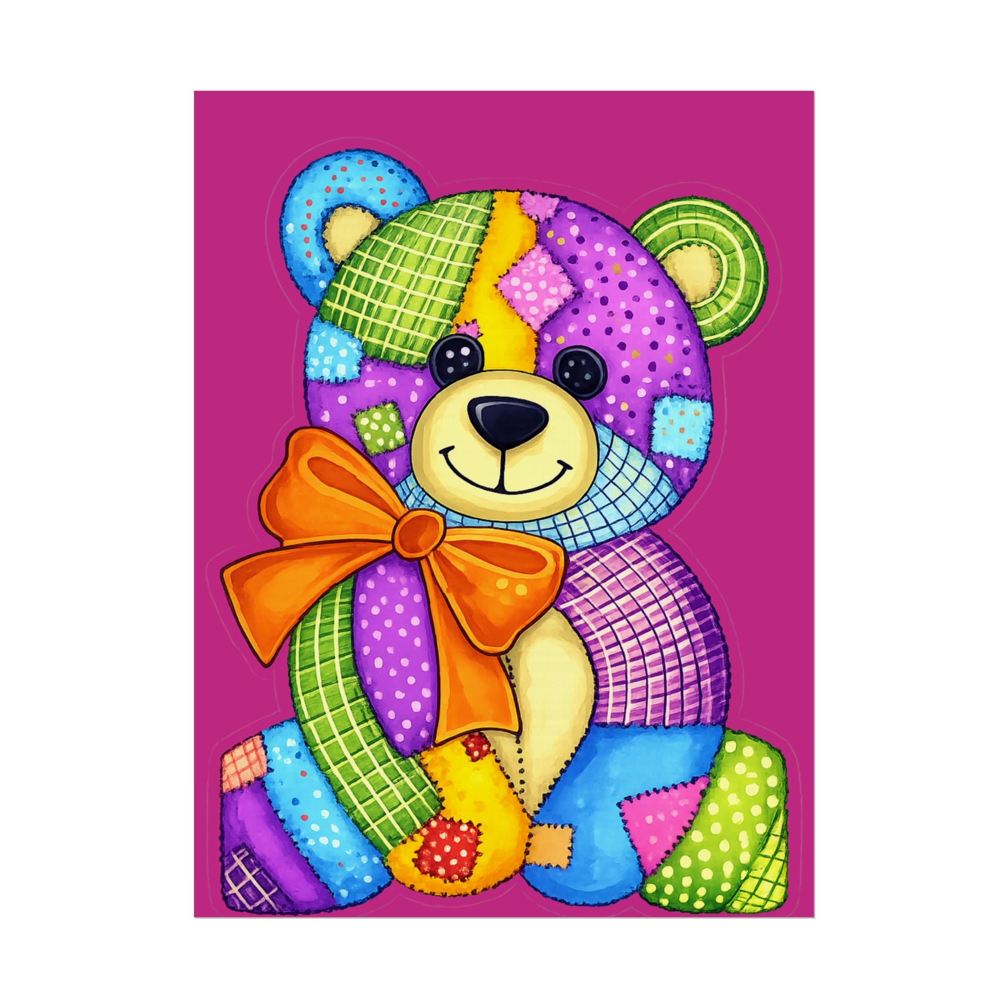 Teddy Bear Patchwork Rolled Poster – Colorful Nursery Wall Art for Kids, Baby Shower Gift