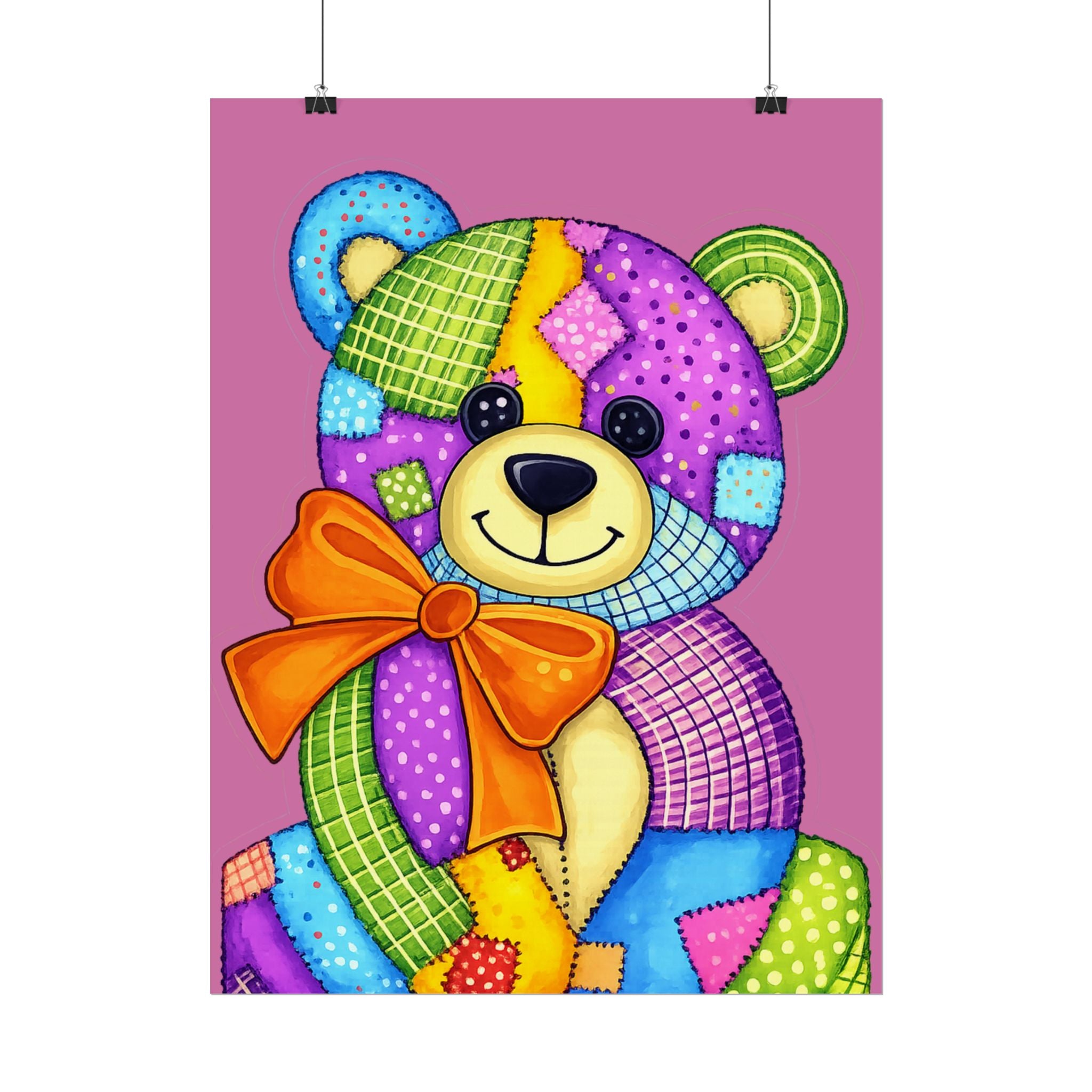 Colorful Patchwork Teddy Bear Poster — Cute Nursery Wall Art
