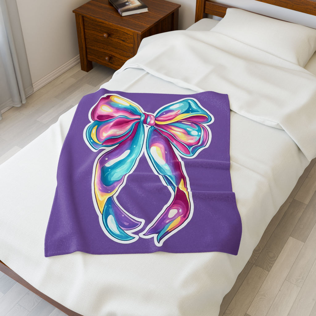 Colorful Bow Velveteen Plush Blanket — Soft Purple Gift Throw