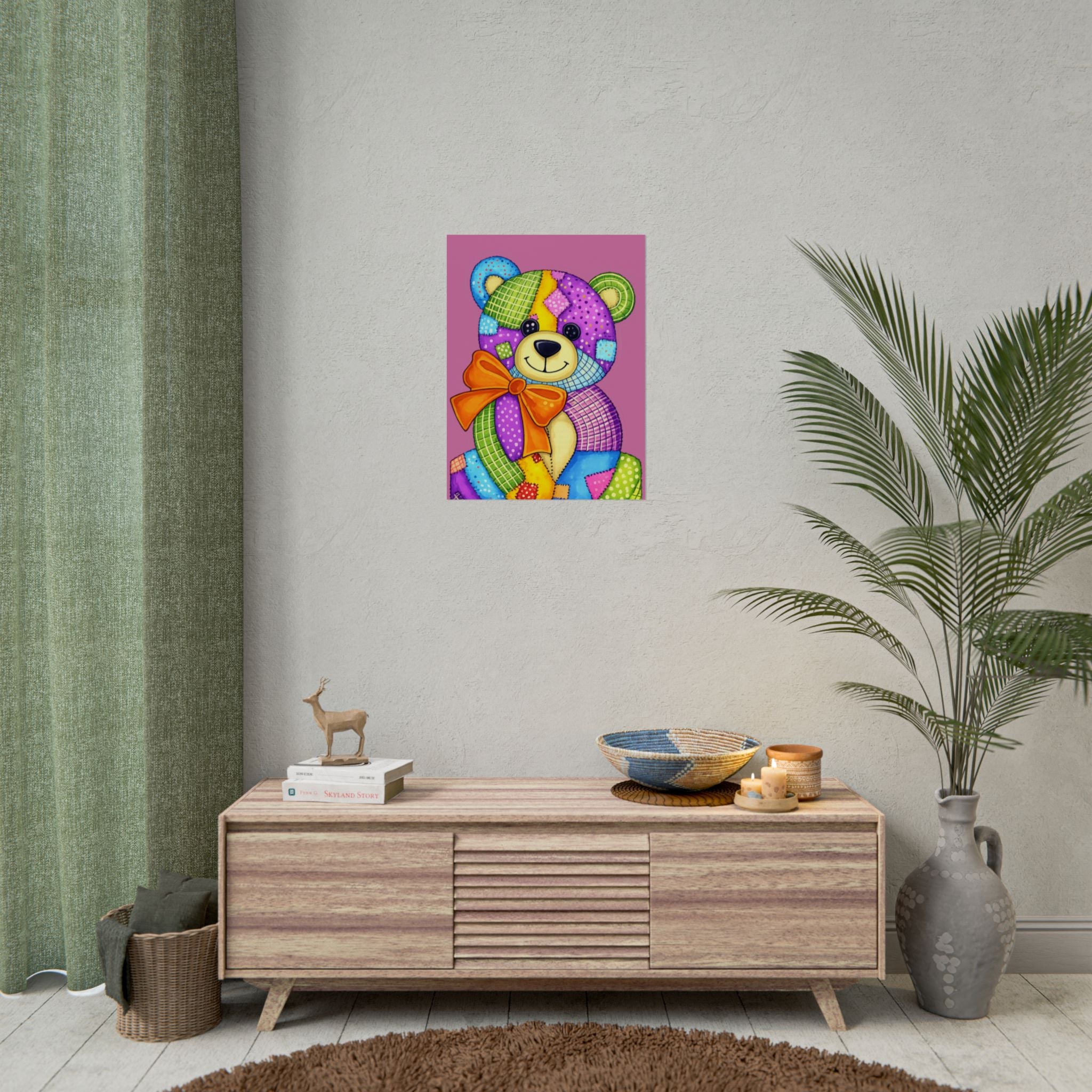 Colorful Patchwork Teddy Bear Poster — Cute Nursery Wall Art