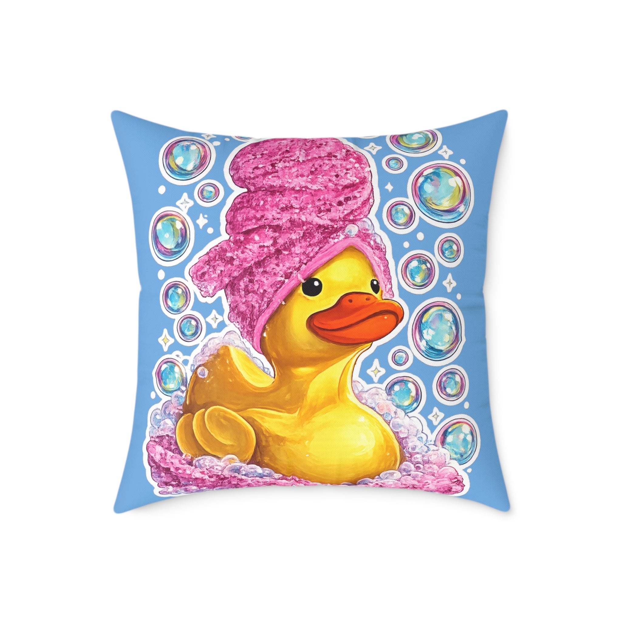 Rubber Duck Spa Pillow — Cute Bath Time Throw Pillow with Pink Towel & Bubbles