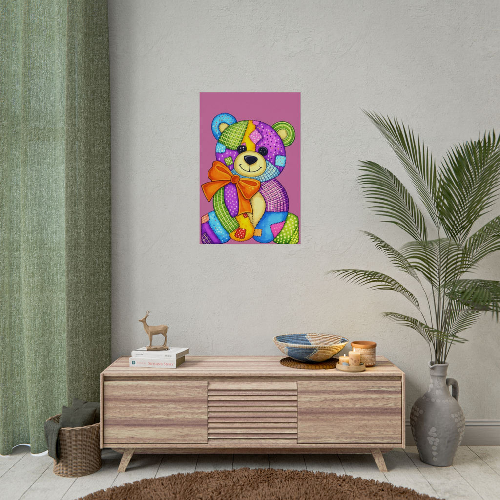 Colorful Patchwork Teddy Bear Poster — Cute Nursery Wall Art