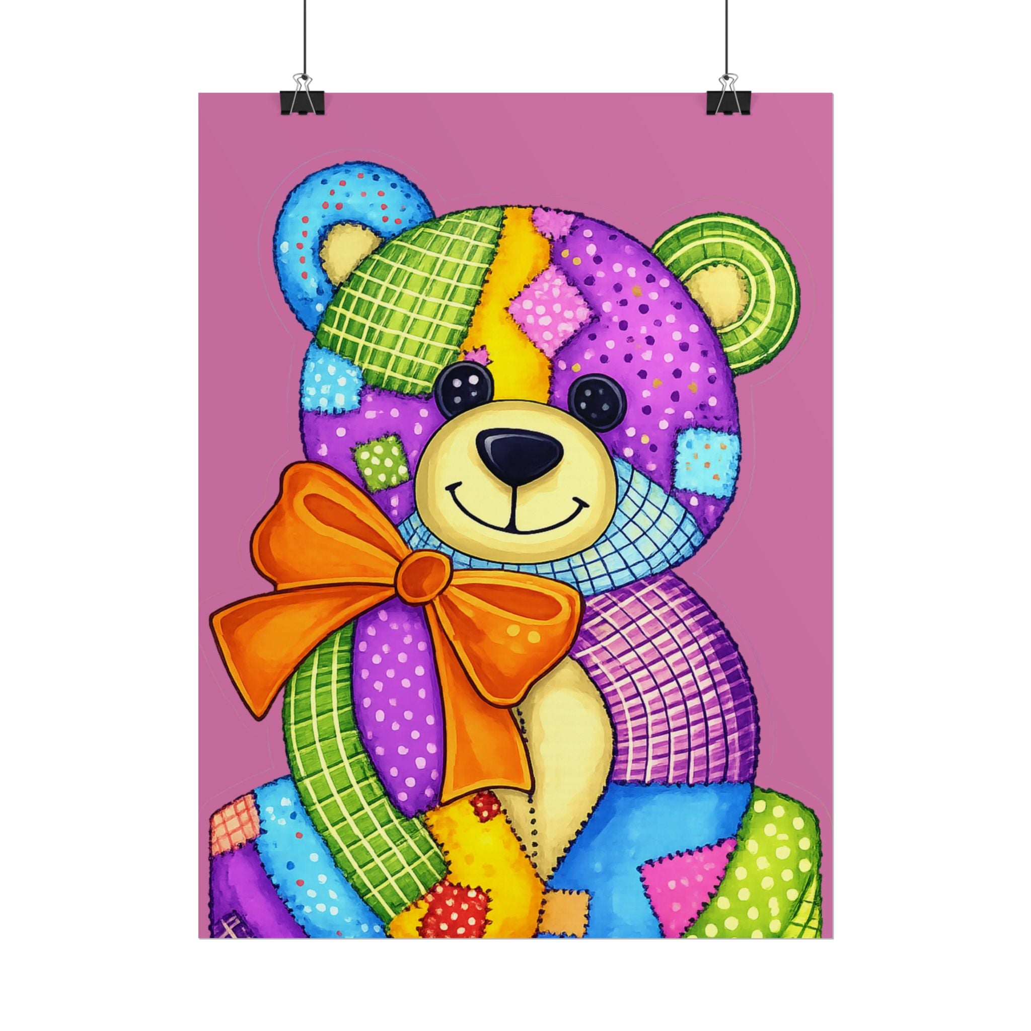 Colorful Patchwork Teddy Bear Poster — Cute Nursery Wall Art