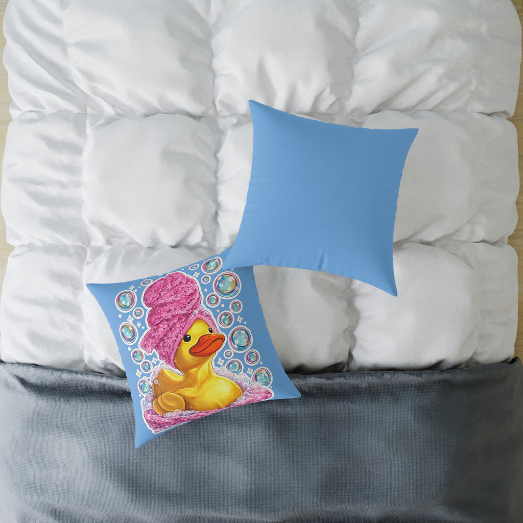 Rubber Duck Spa Pillow — Cute Bath Time Throw Pillow with Pink Towel & Bubbles