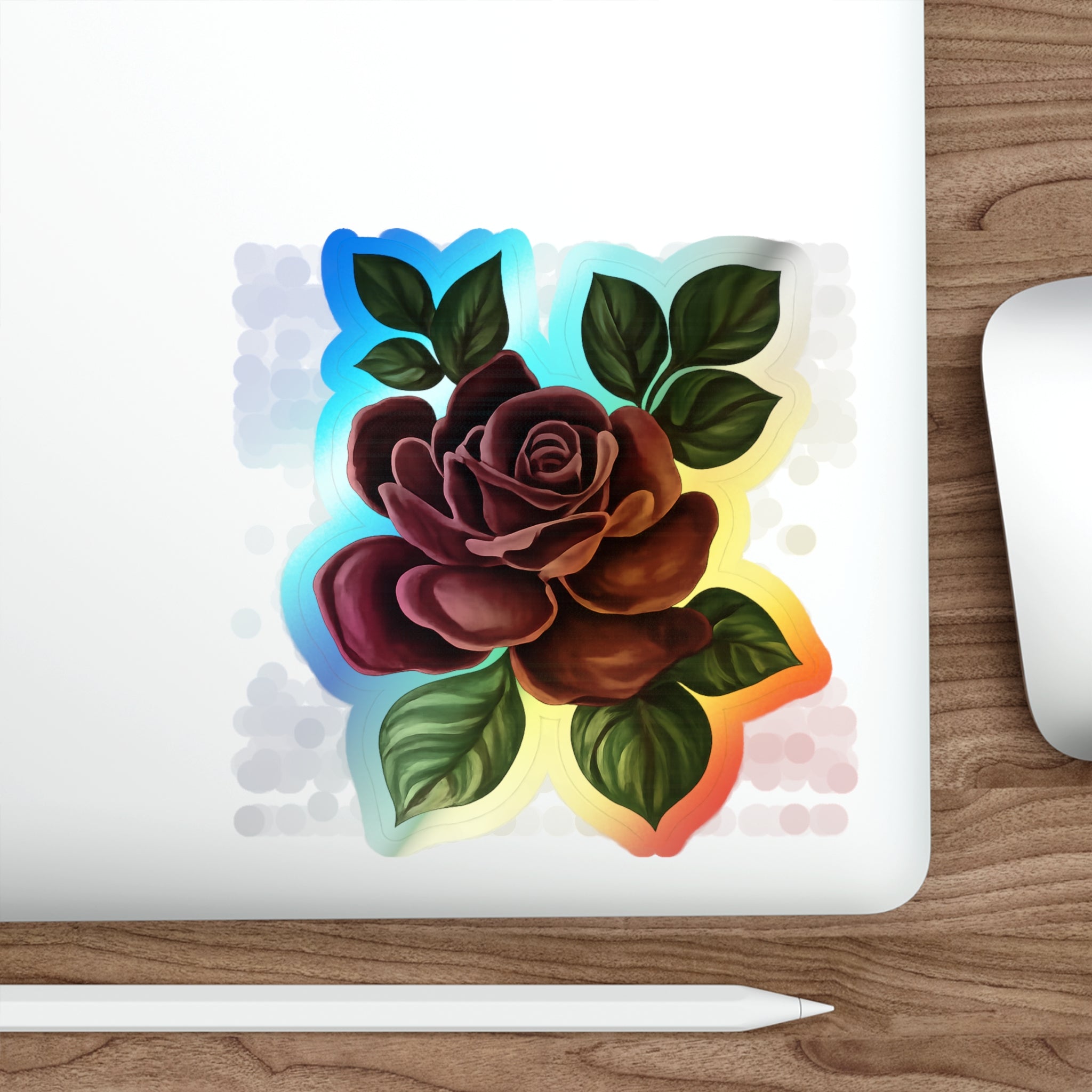 Holographic Rose Die-Cut Sticker — Iridescent Floral Skateboard Decal