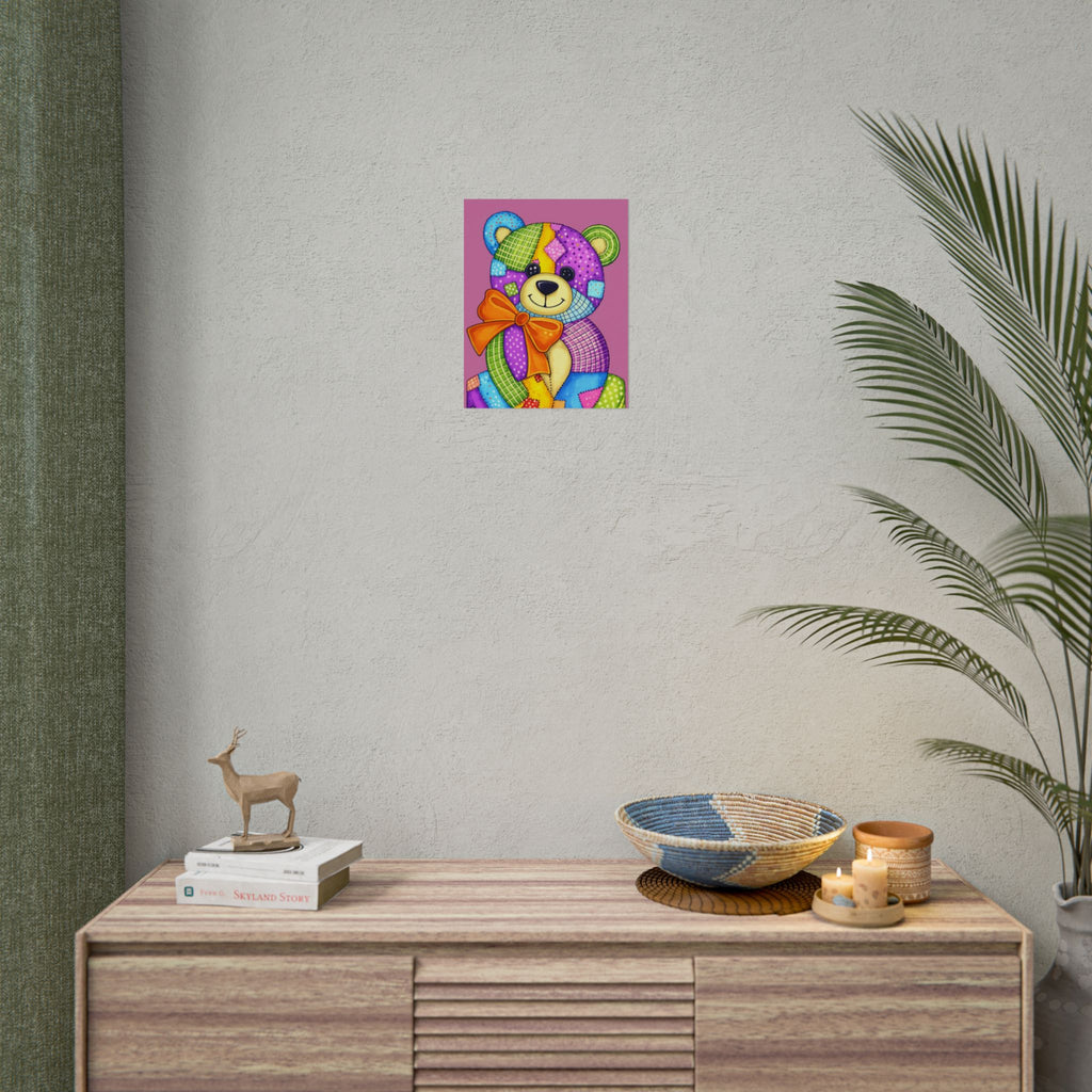 Colorful Patchwork Teddy Bear Poster — Cute Nursery Wall Art