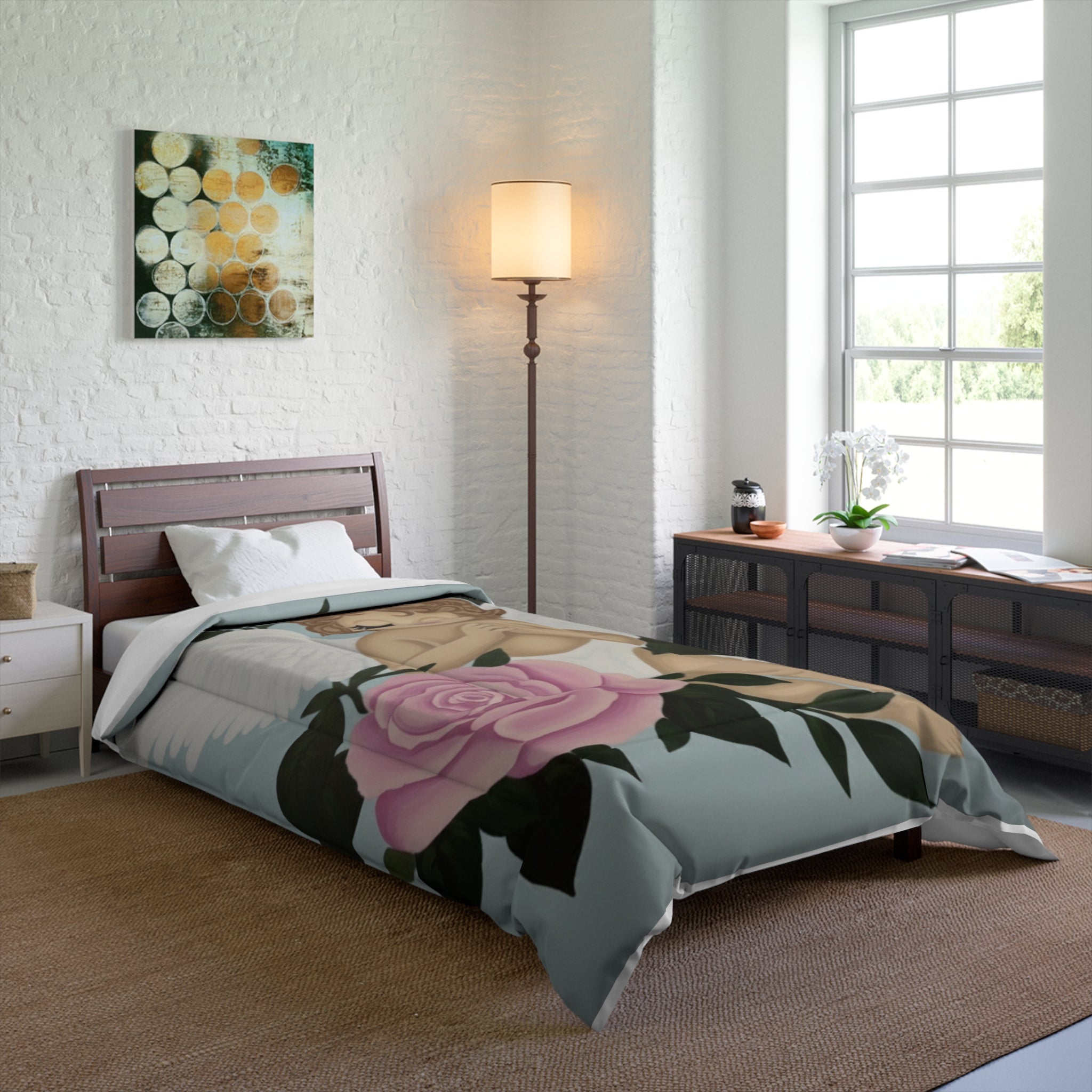 Angel Cherub Comforter with Pink Rose – Vintage Nursery Bedding, Prayerful Cherub Design