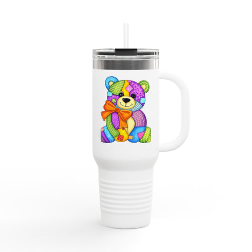 40oz Insulated Travel Mug — Colorful Patchwork Teddy Bear Design