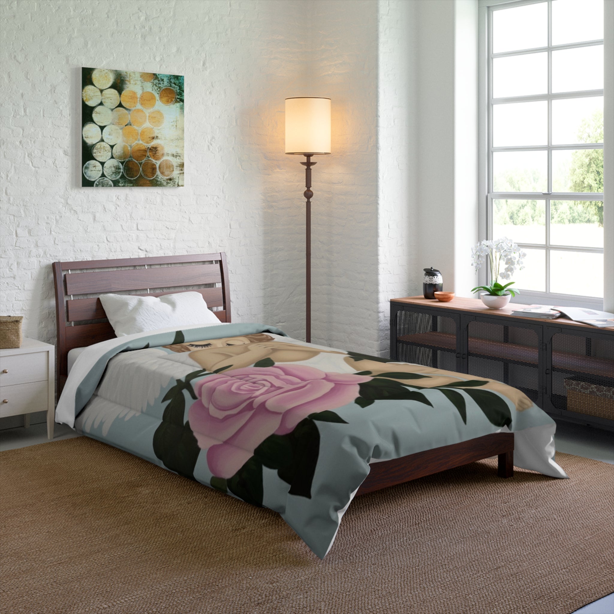 Angel Cherub Comforter with Pink Rose – Vintage Nursery Bedding, Prayerful Cherub Design