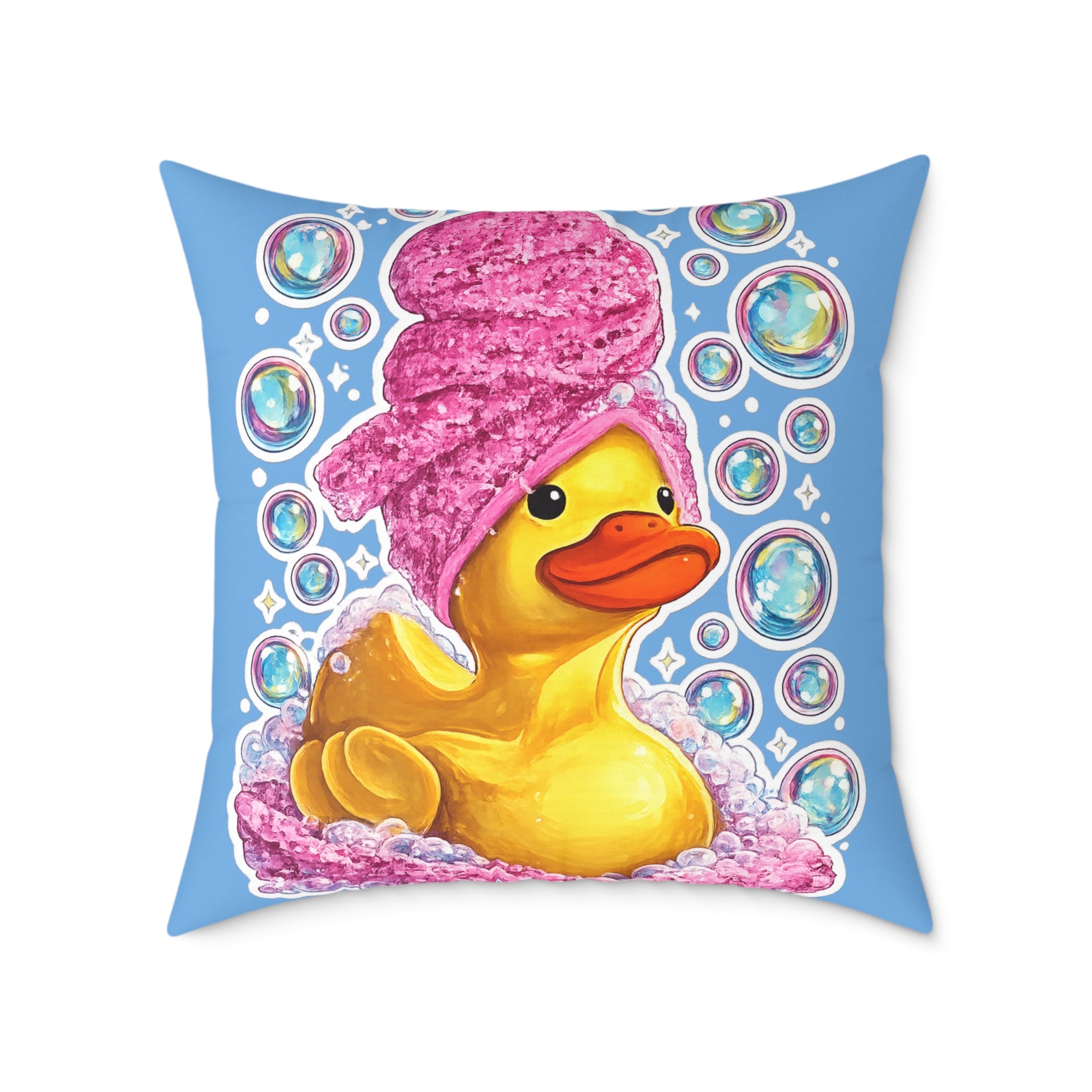 Rubber Duck Spa Pillow — Cute Bath Time Throw Pillow with Pink Towel & Bubbles