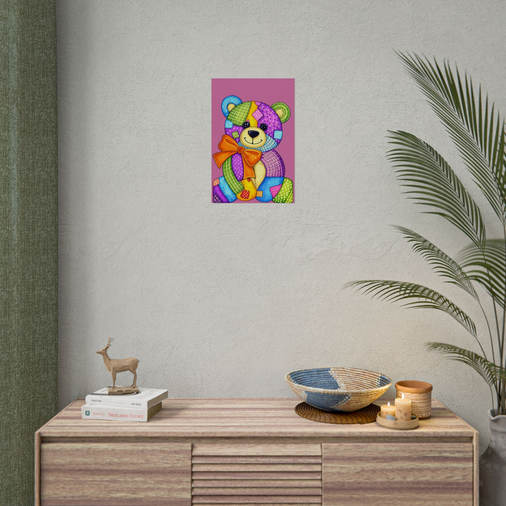 Colorful Patchwork Teddy Bear Poster — Cute Nursery Wall Art