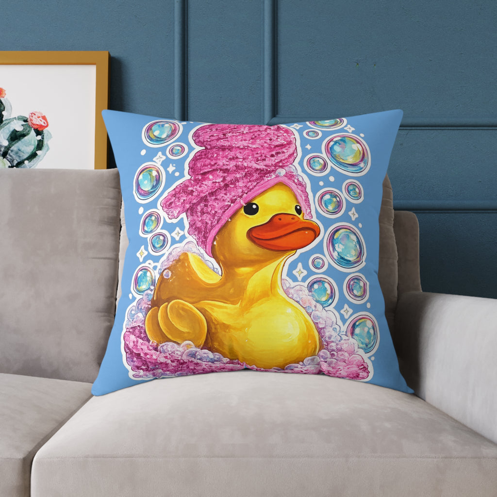 Rubber Duck Spa Pillow — Cute Bath Time Throw Pillow with Pink Towel & Bubbles
