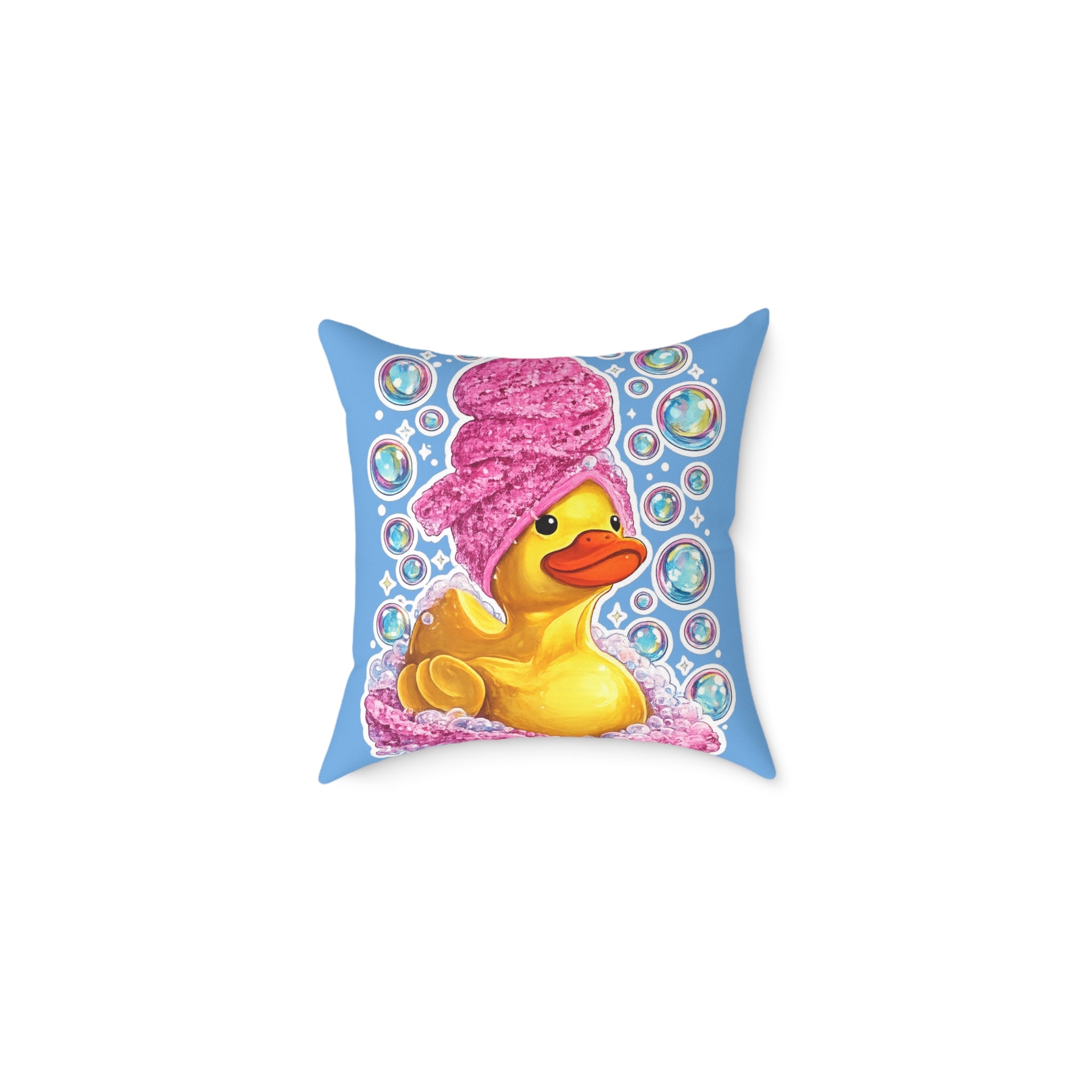 Rubber Duck Spa Pillow — Cute Bath Time Throw Pillow with Pink Towel & Bubbles