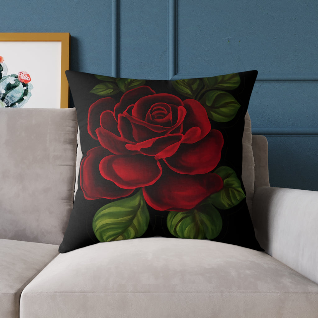 Red Rose Floral Throw Pillow — Square Canvas Decorative Pillow