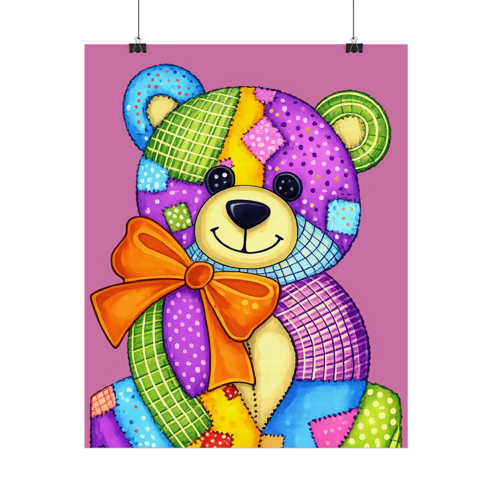 Colorful Patchwork Teddy Bear Poster — Cute Nursery Wall Art