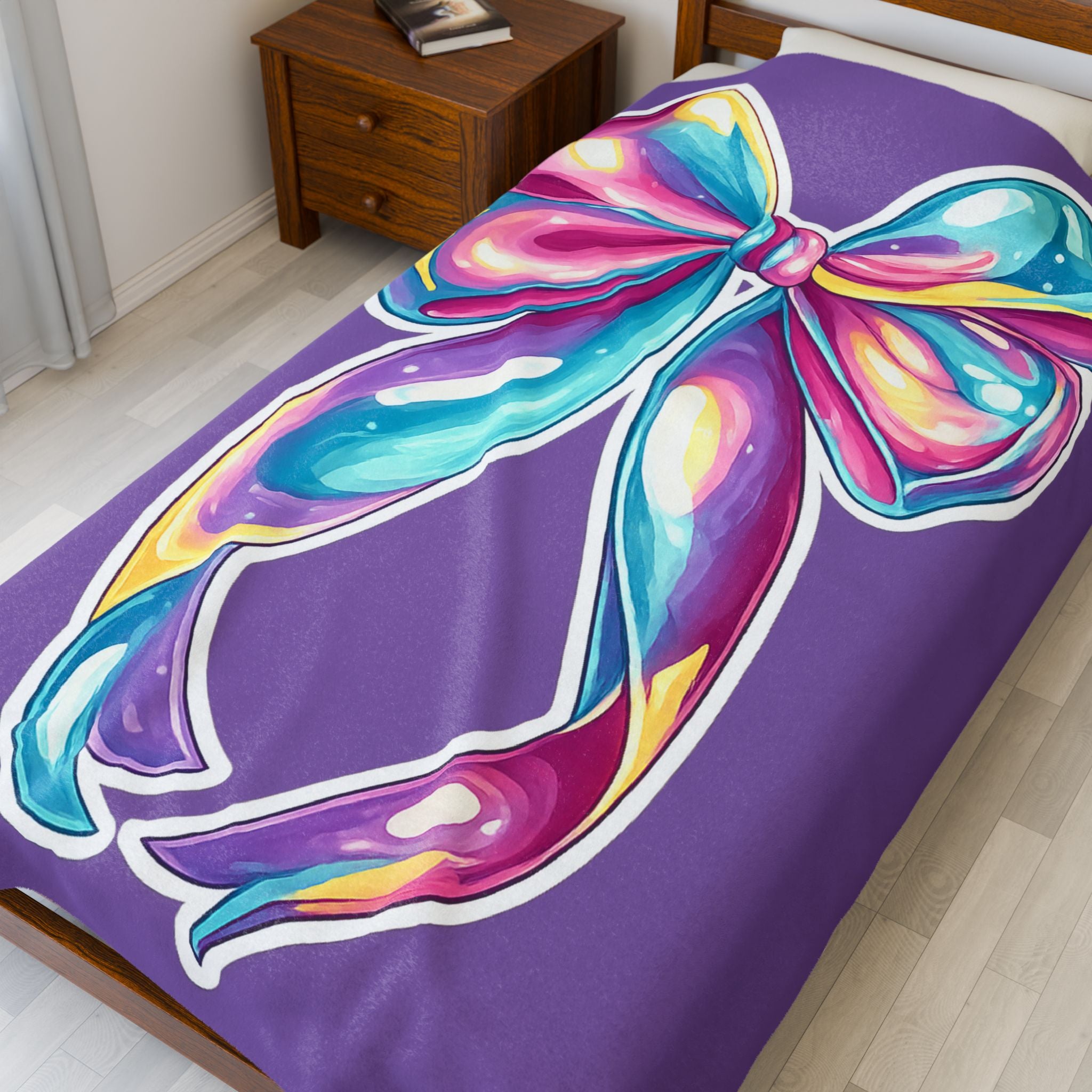 Colorful Bow Velveteen Plush Blanket — Soft Purple Gift Throw
