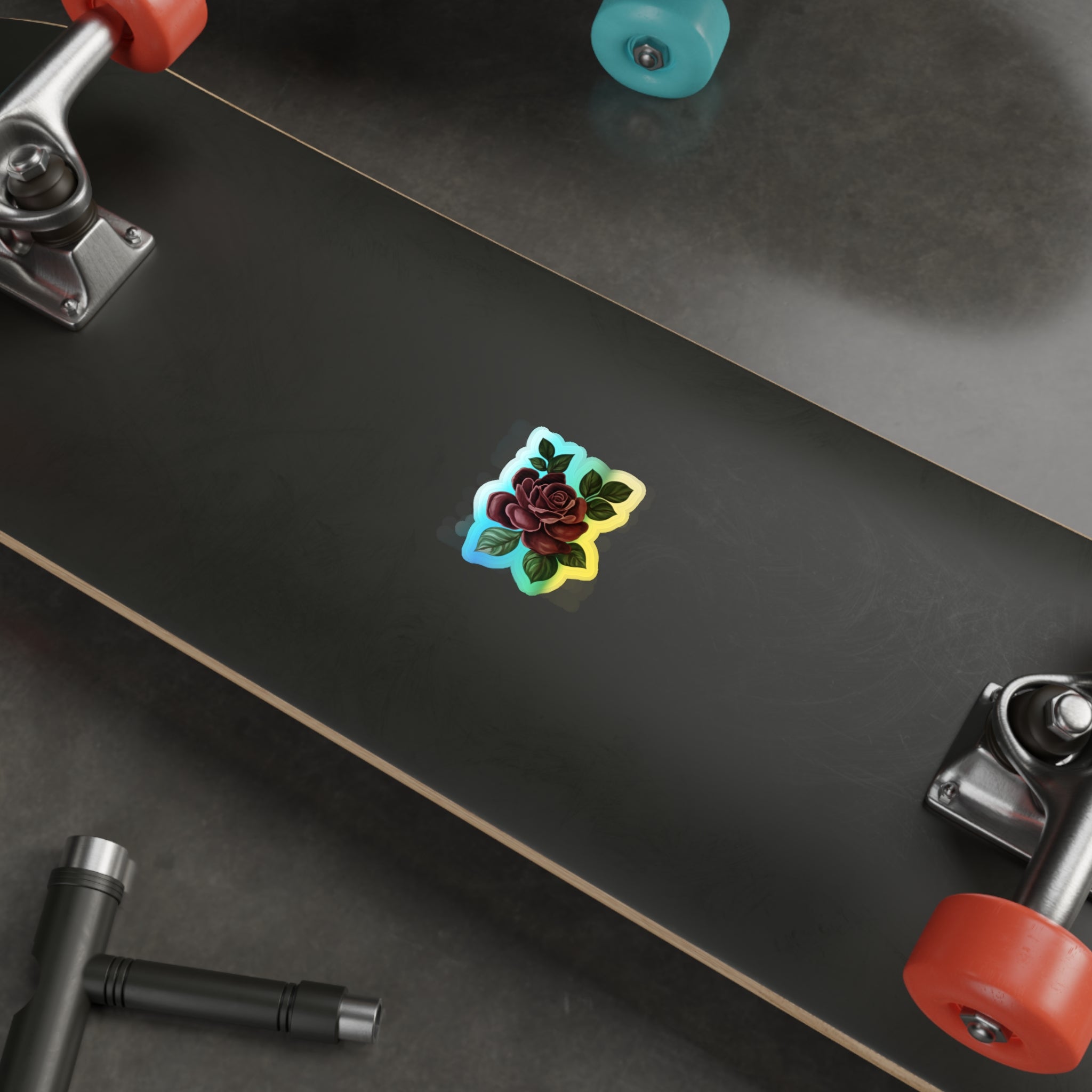 Holographic Rose Die-Cut Sticker — Iridescent Floral Skateboard Decal