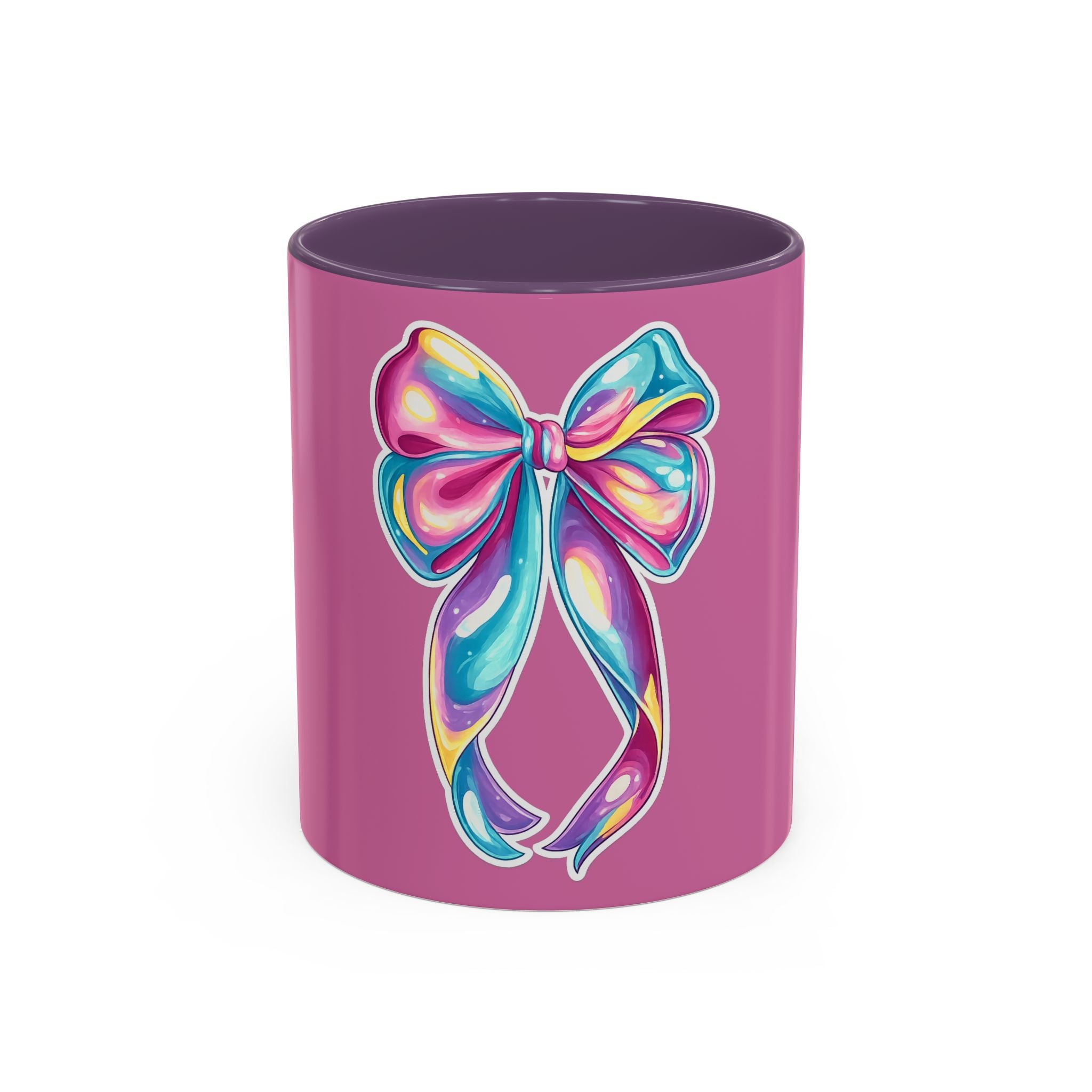 Pink Accent Coffee Mug with Rainbow Bow – Cute Gift Mug for Her