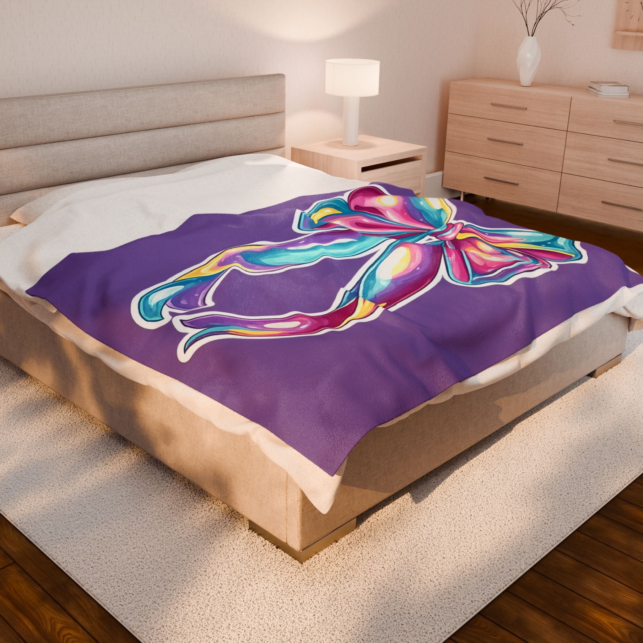 Colorful Bow Velveteen Plush Blanket — Soft Purple Gift Throw