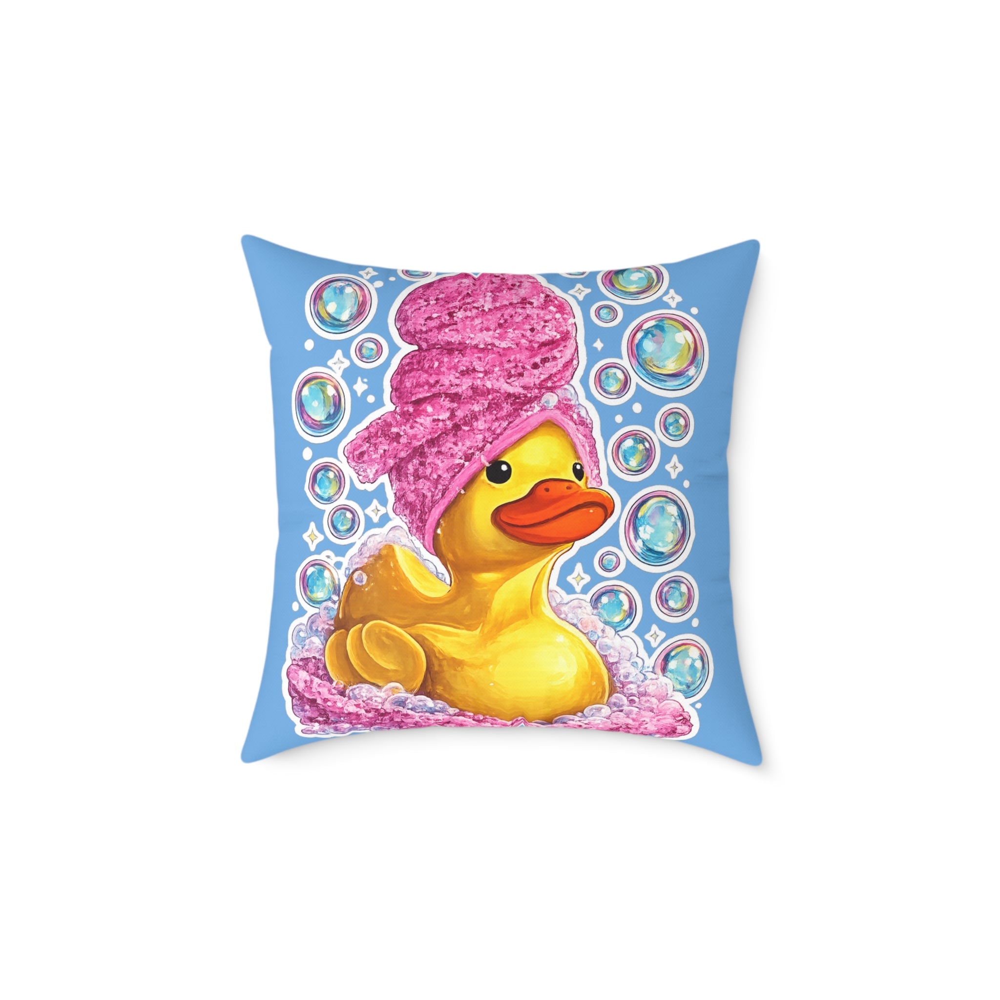 Rubber Duck Spa Pillow — Cute Bath Time Throw Pillow with Pink Towel & Bubbles