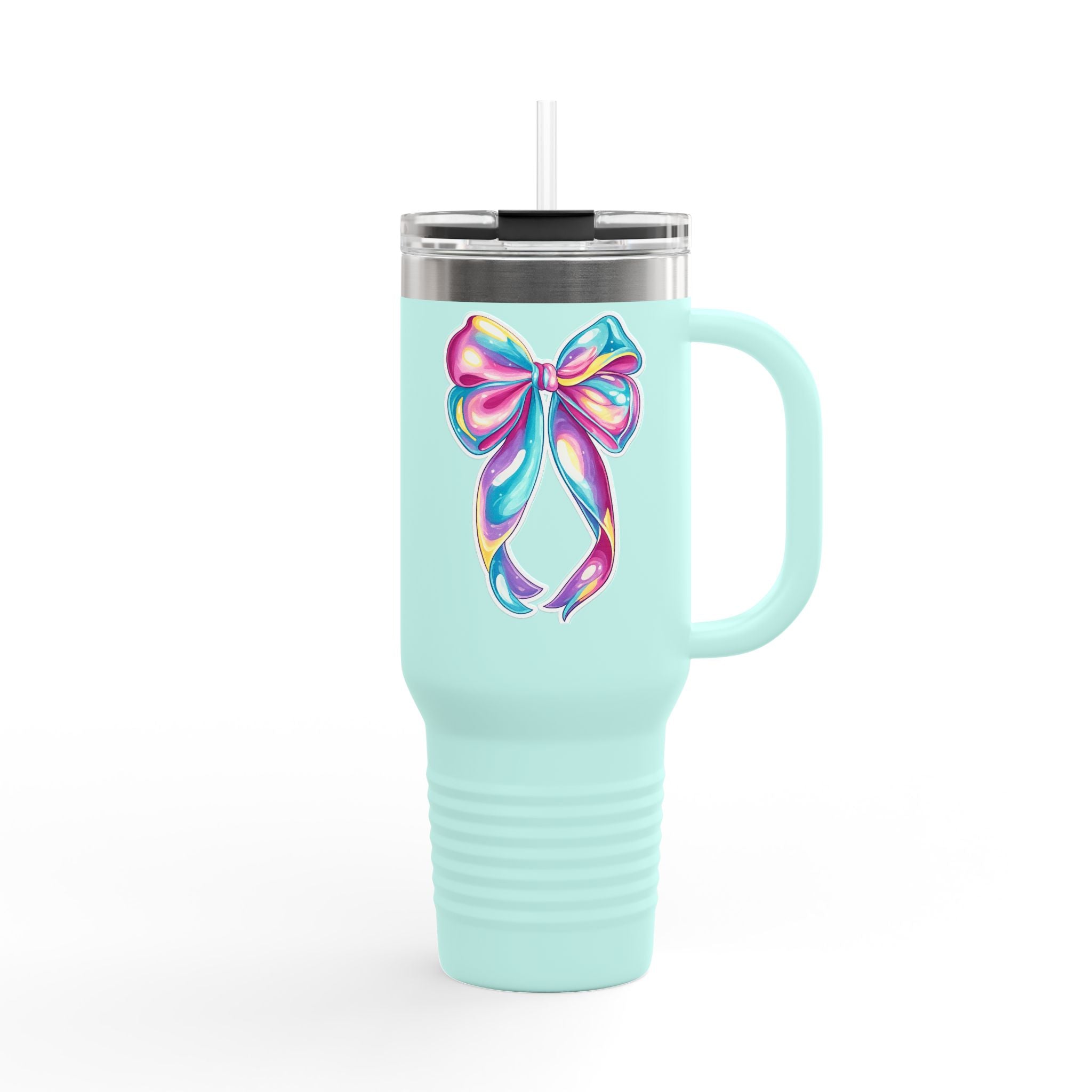 40oz Insulated Travel Mug — Iridescent Rainbow Gift Bow Design