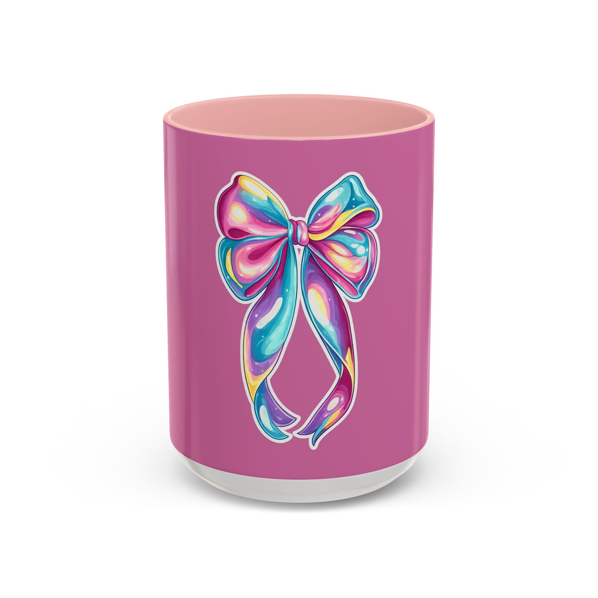 Pink Accent Coffee Mug with Rainbow Bow – Cute Gift Mug for Her