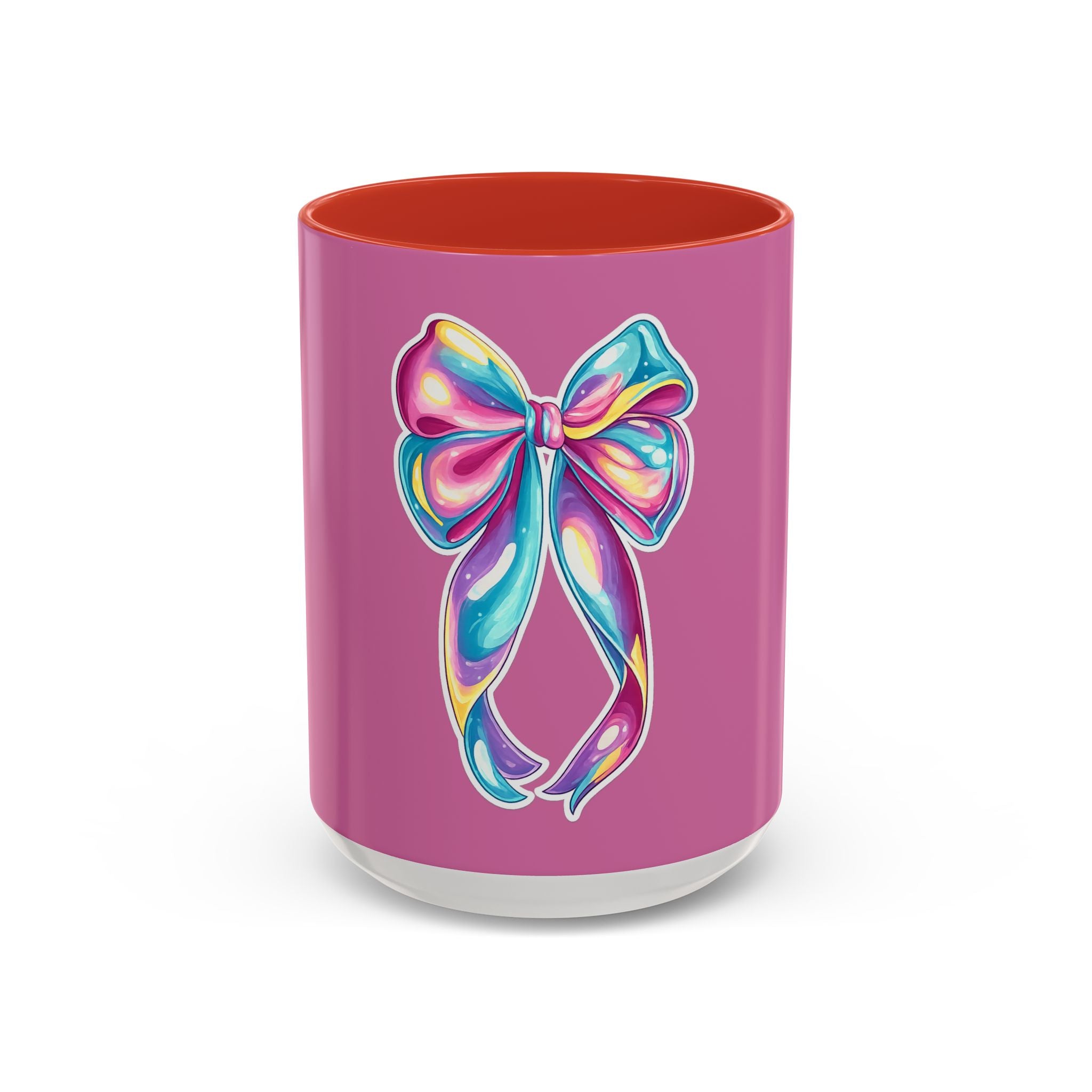 Pink Accent Coffee Mug with Rainbow Bow – Cute Gift Mug for Her