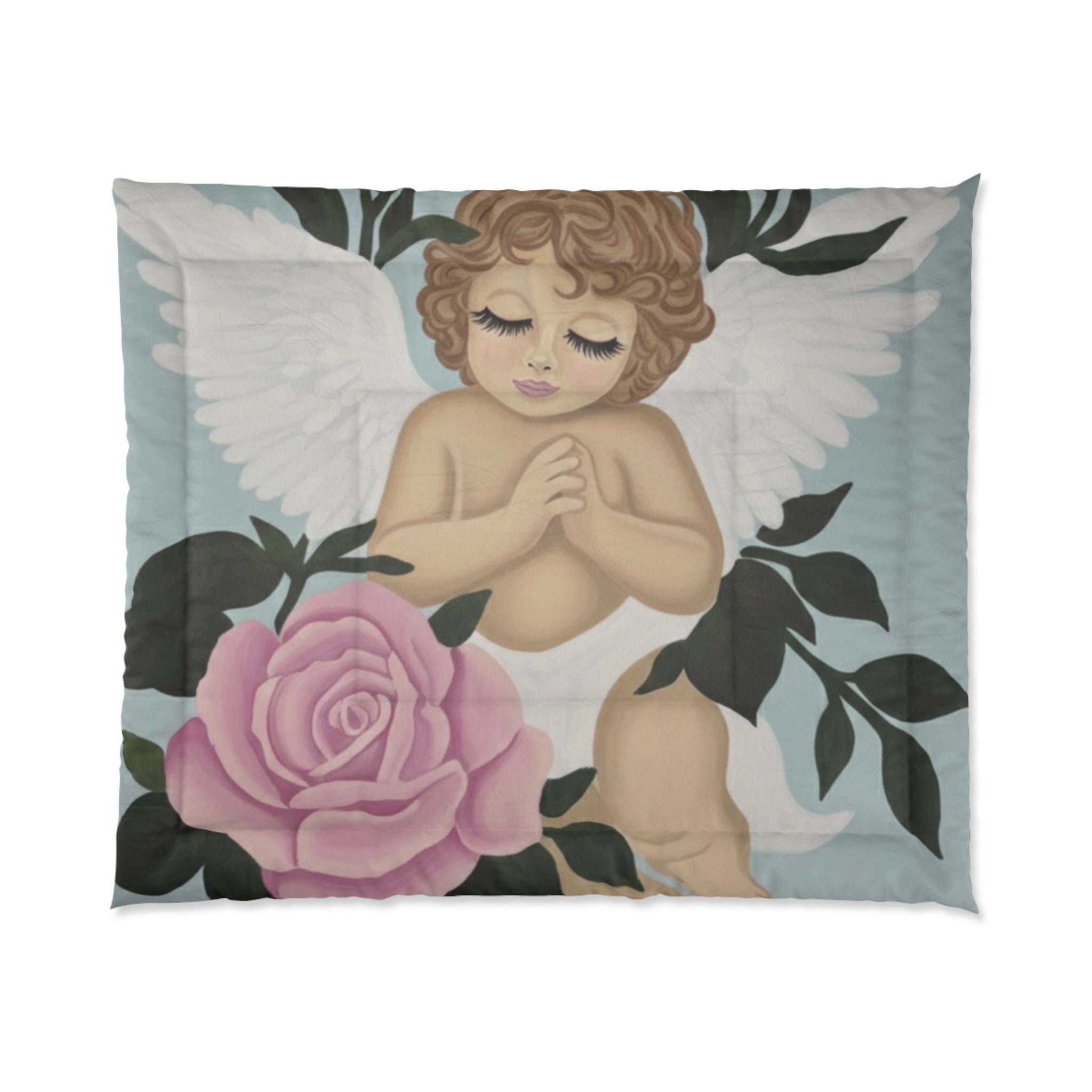Angel Cherub Comforter with Pink Rose – Vintage Nursery Bedding, Prayerful Cherub Design