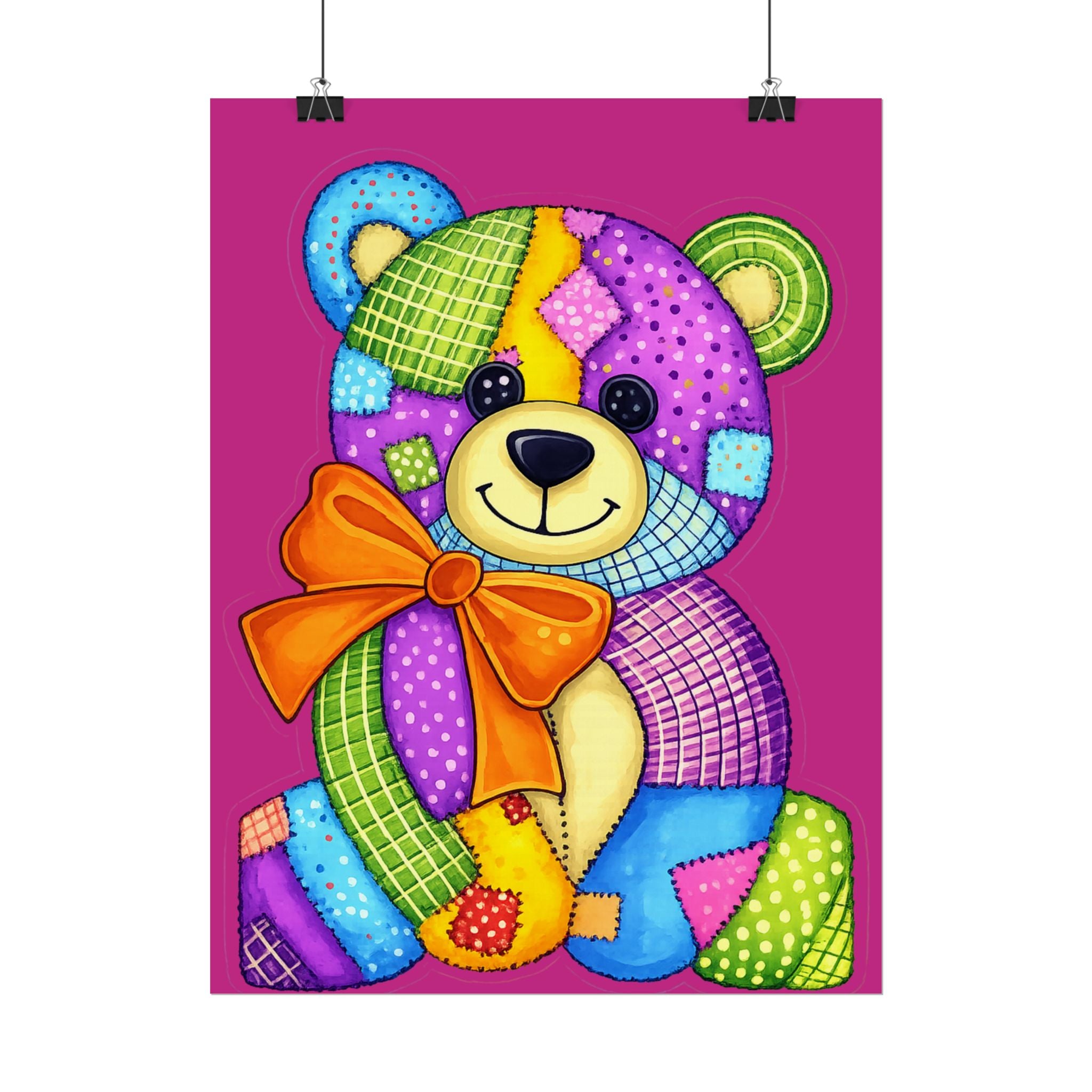 Teddy Bear Patchwork Rolled Poster – Colorful Nursery Wall Art for Kids, Baby Shower Gift