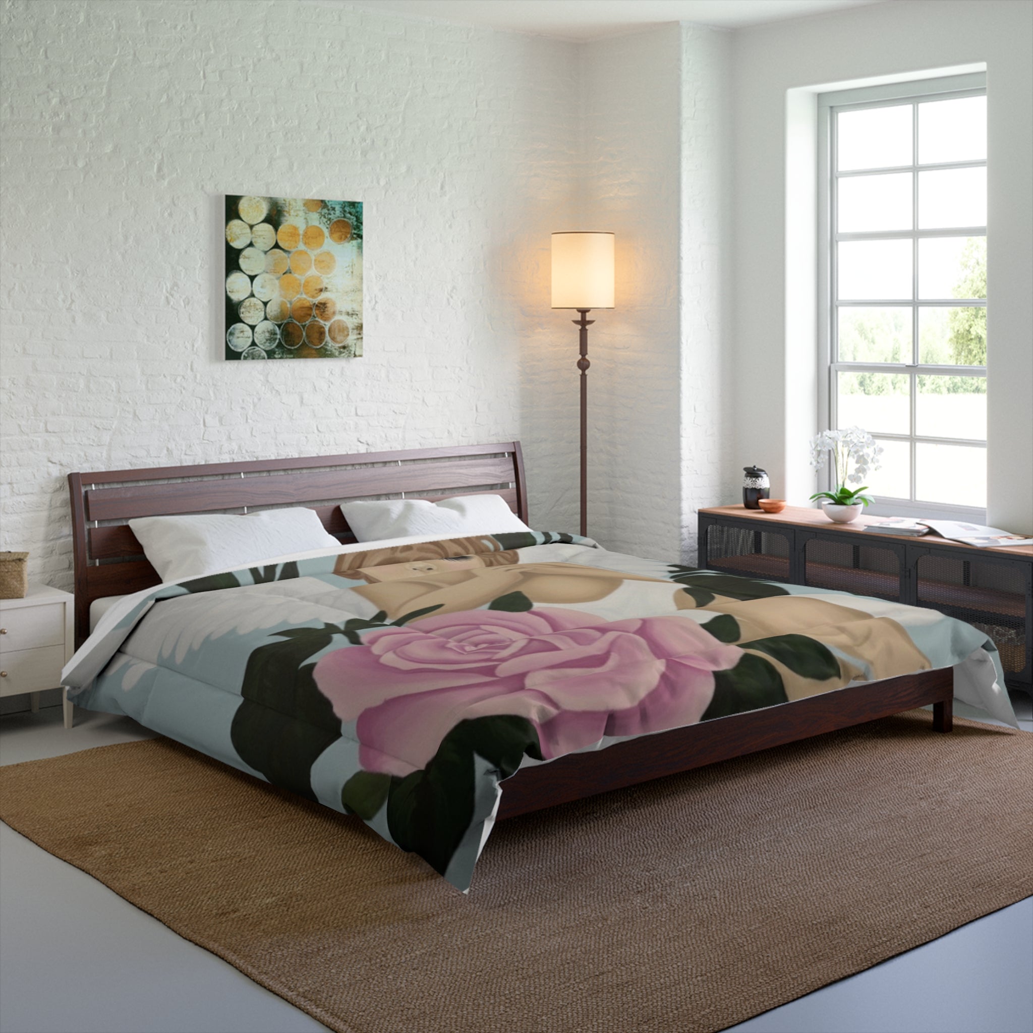 Angel Cherub Comforter with Pink Rose – Vintage Nursery Bedding, Prayerful Cherub Design