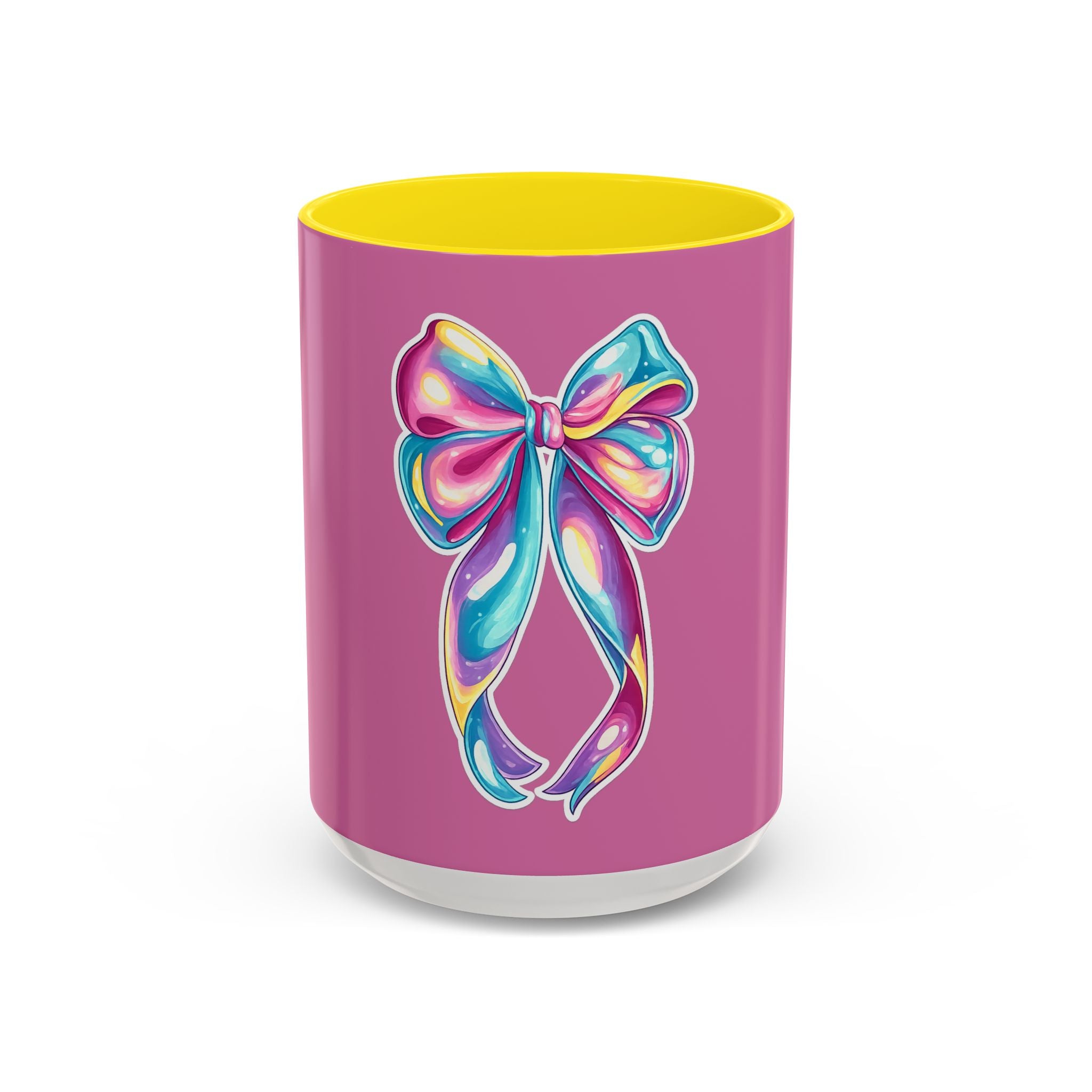Pink Accent Coffee Mug with Rainbow Bow – Cute Gift Mug for Her