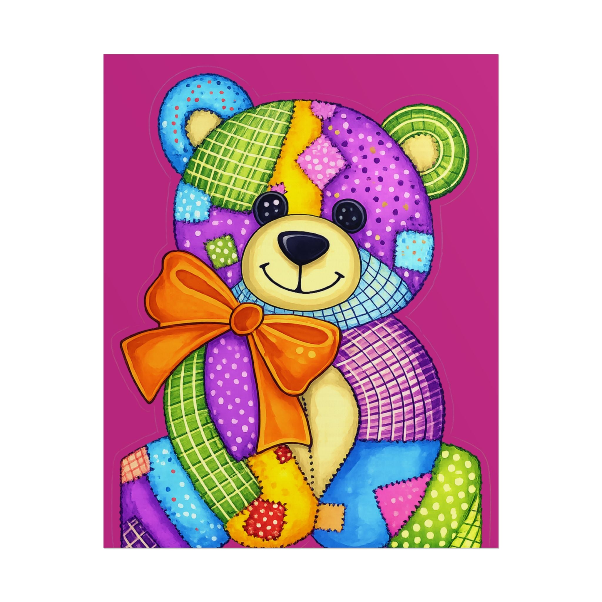Teddy Bear Patchwork Rolled Poster – Colorful Nursery Wall Art for Kids, Baby Shower Gift