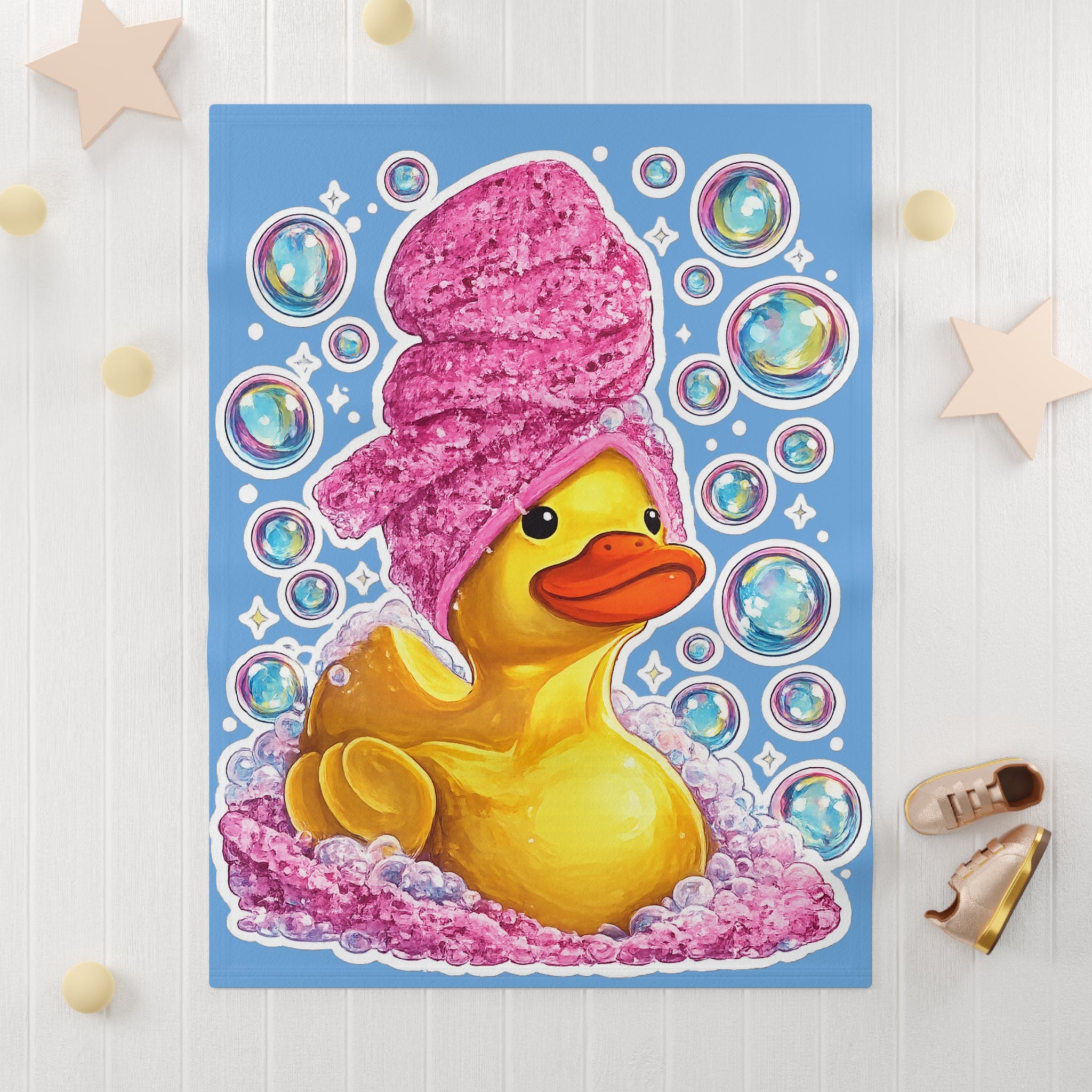 Rubber Duck Bath Time Baby Blanket — Plush Fleece with Bubbles & Pink Towel Design